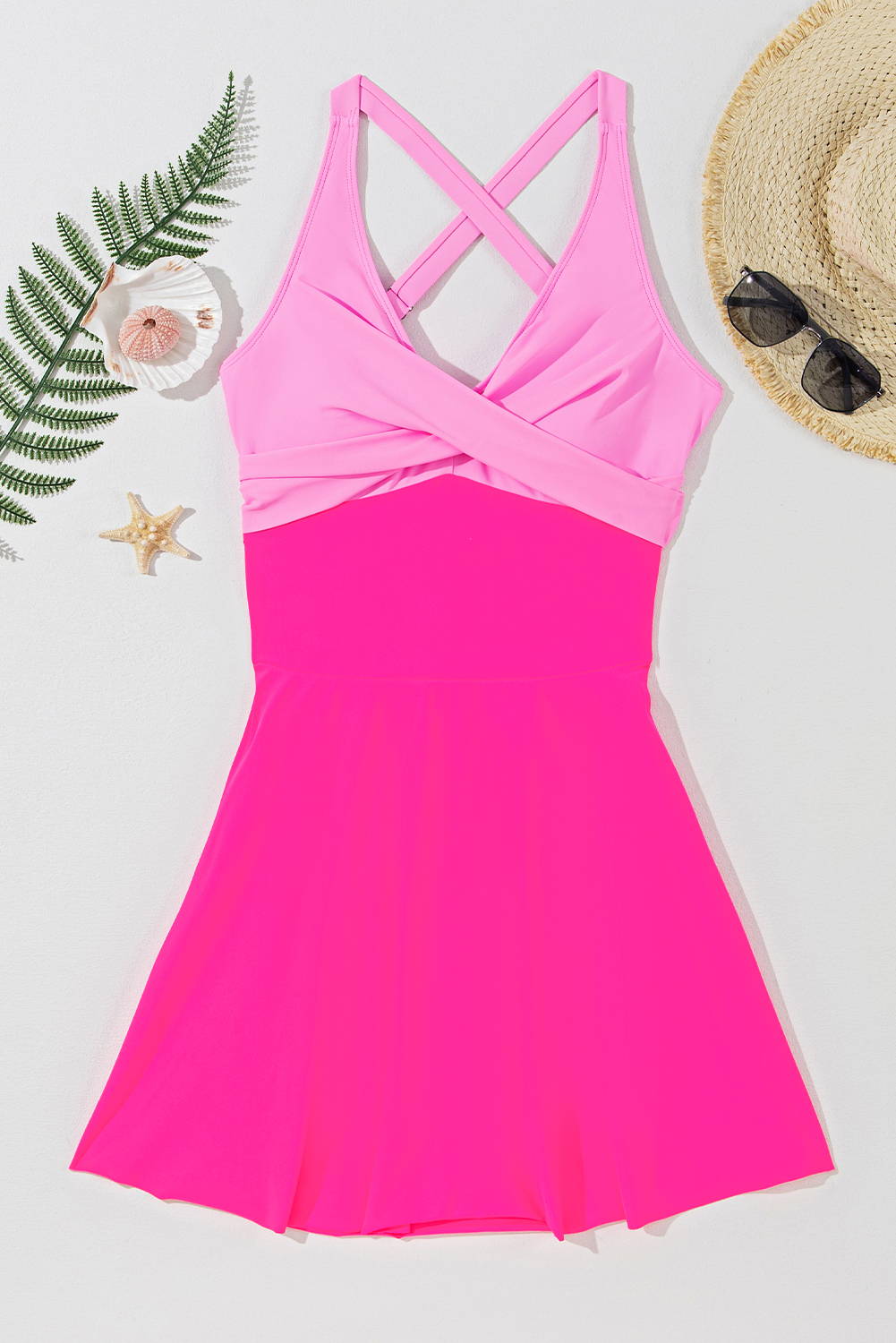 Rose Red Crisscross Straps Tie Back Flared One Piece Swimsuit - loveforevers