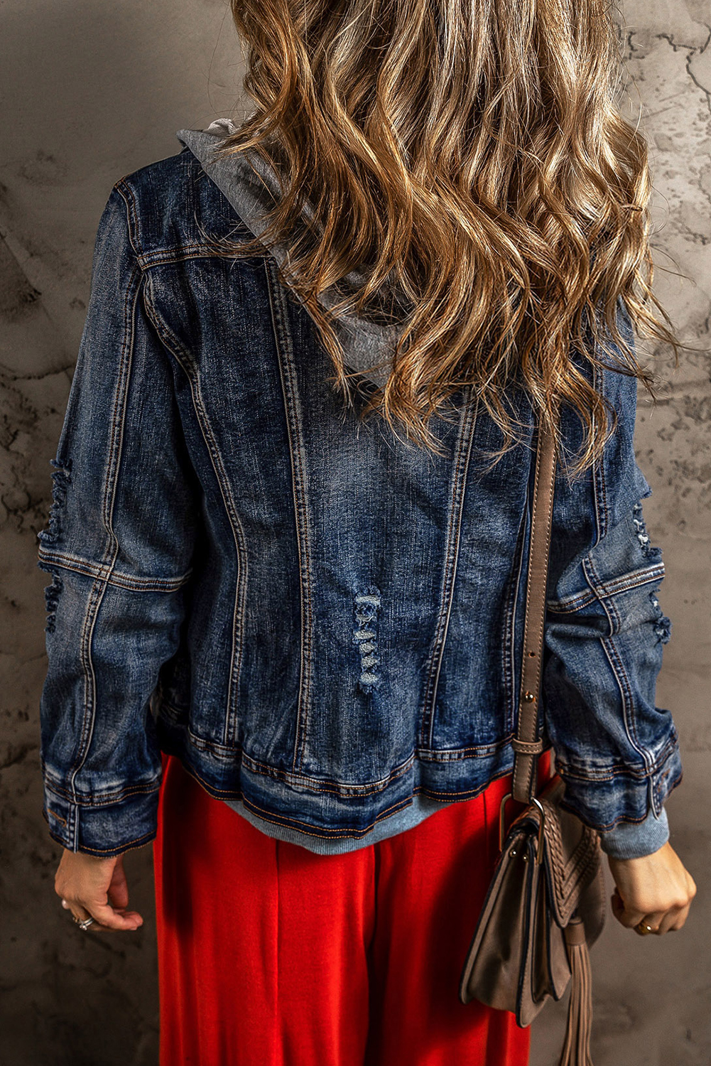 Dark Blue Fake Two-Piece Hooded Zip-Up Denim Jacket - loveforevers