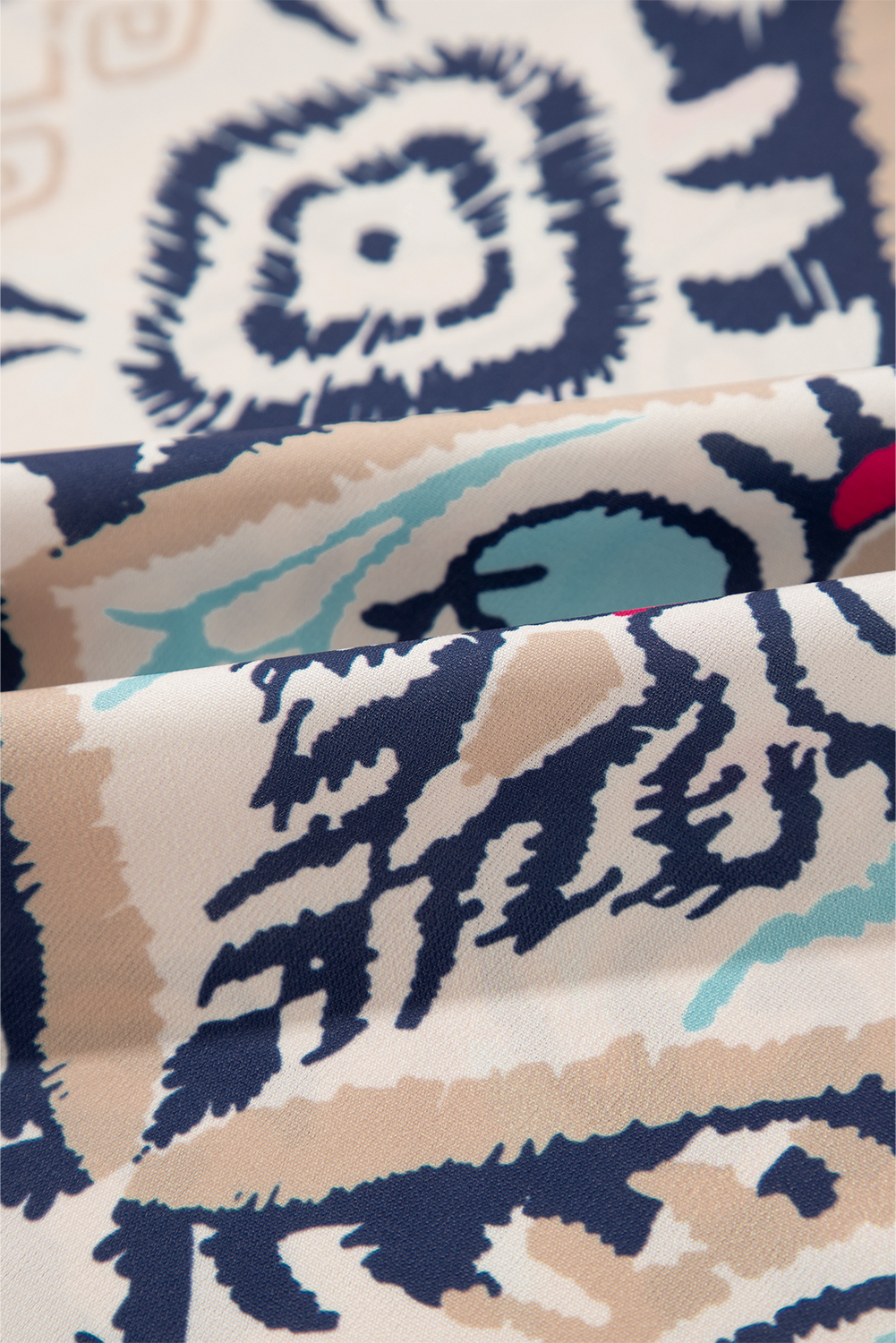 White Abstract Printed Notched V Neck Split Half Sleeve Blouse - loveforevers