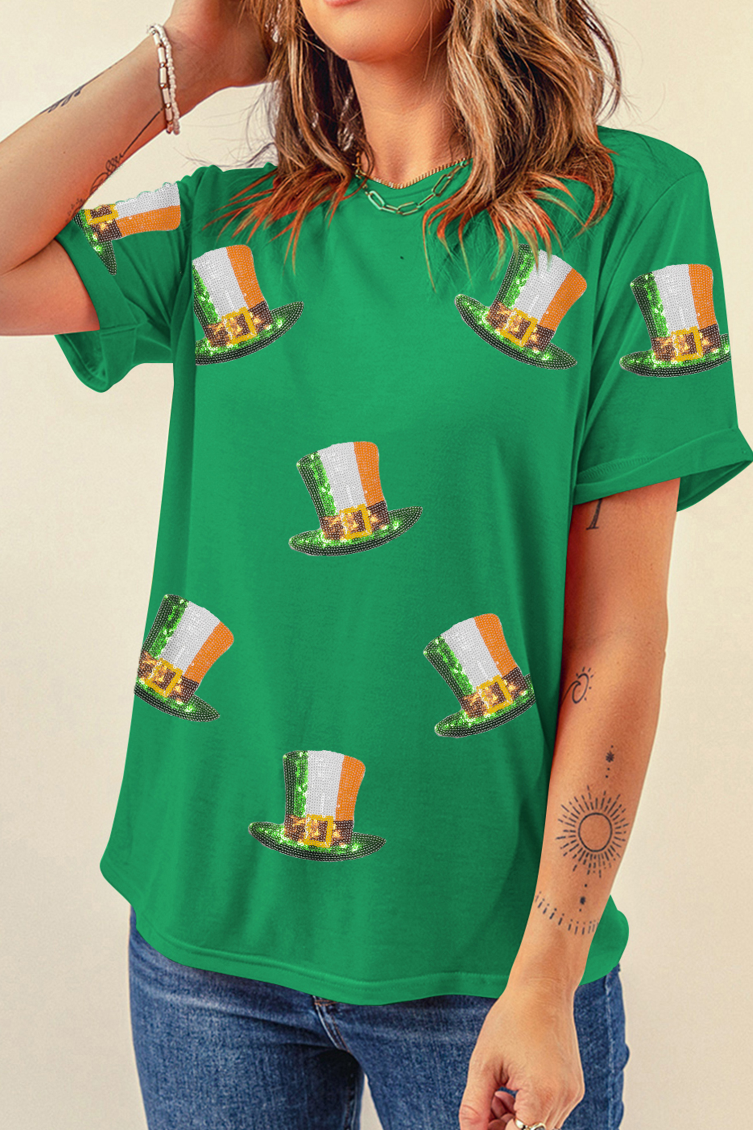 Bright Green Sequin St Patricks Day Hat Relaxed T Shirt - loveforevers