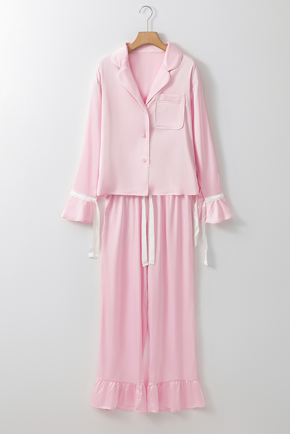 Light Pink Satin Knot Accent Shirt and Ruffled Pants Lounge Set - loveforevers