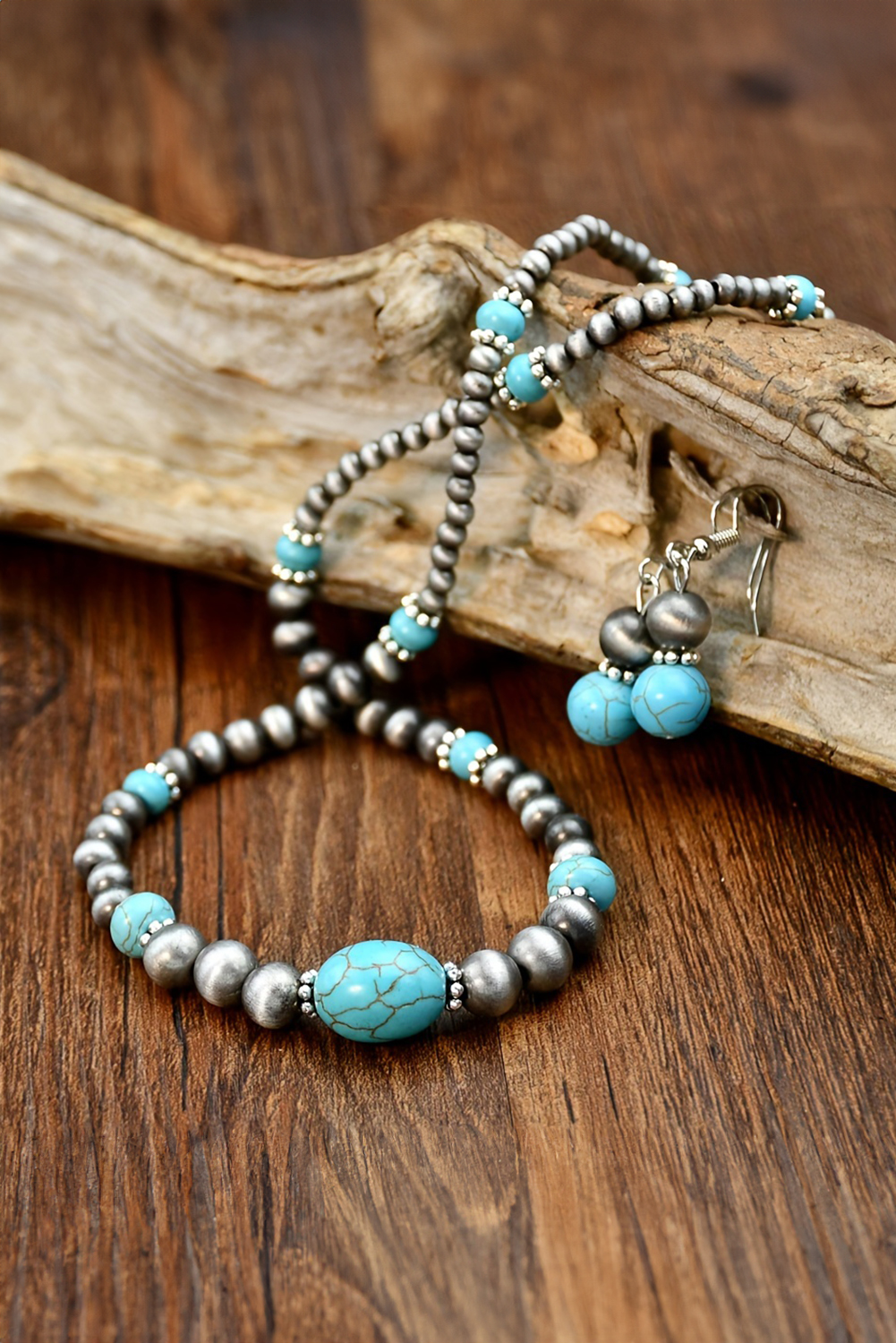 Silvery Western Turquoise Beaded Necklace and Earring Set - loveforevers