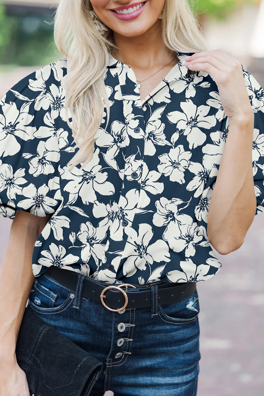 Blue Floral Short Puff Sleeve Summer Shirt - loveforevers