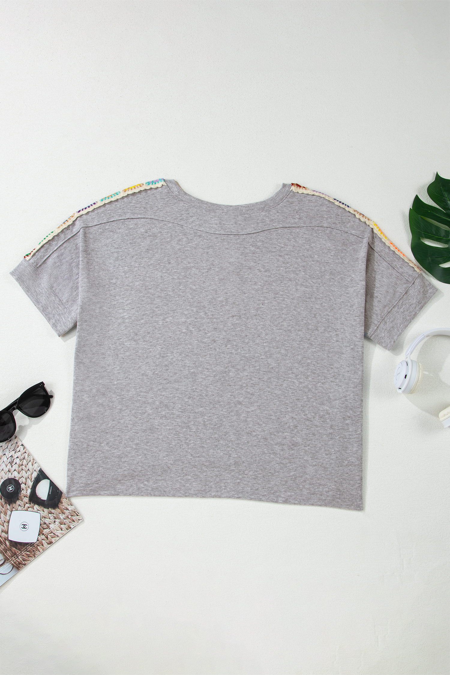 Light Grey Granny Square Crochet Detail Loose T Shirt - loveforevers