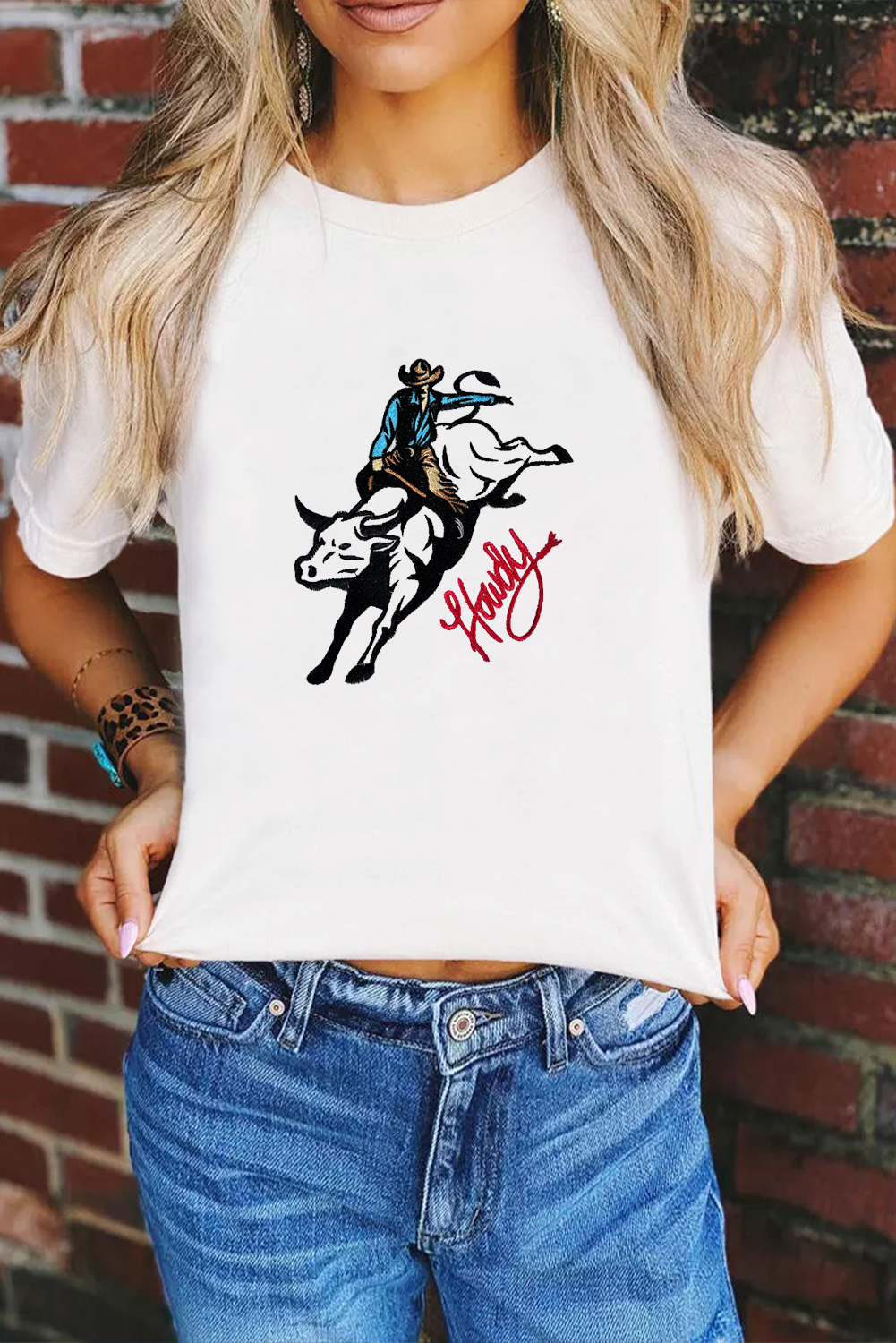 White Cowboy Howdy Embroidered Western Fashion T Shirt - loveforevers