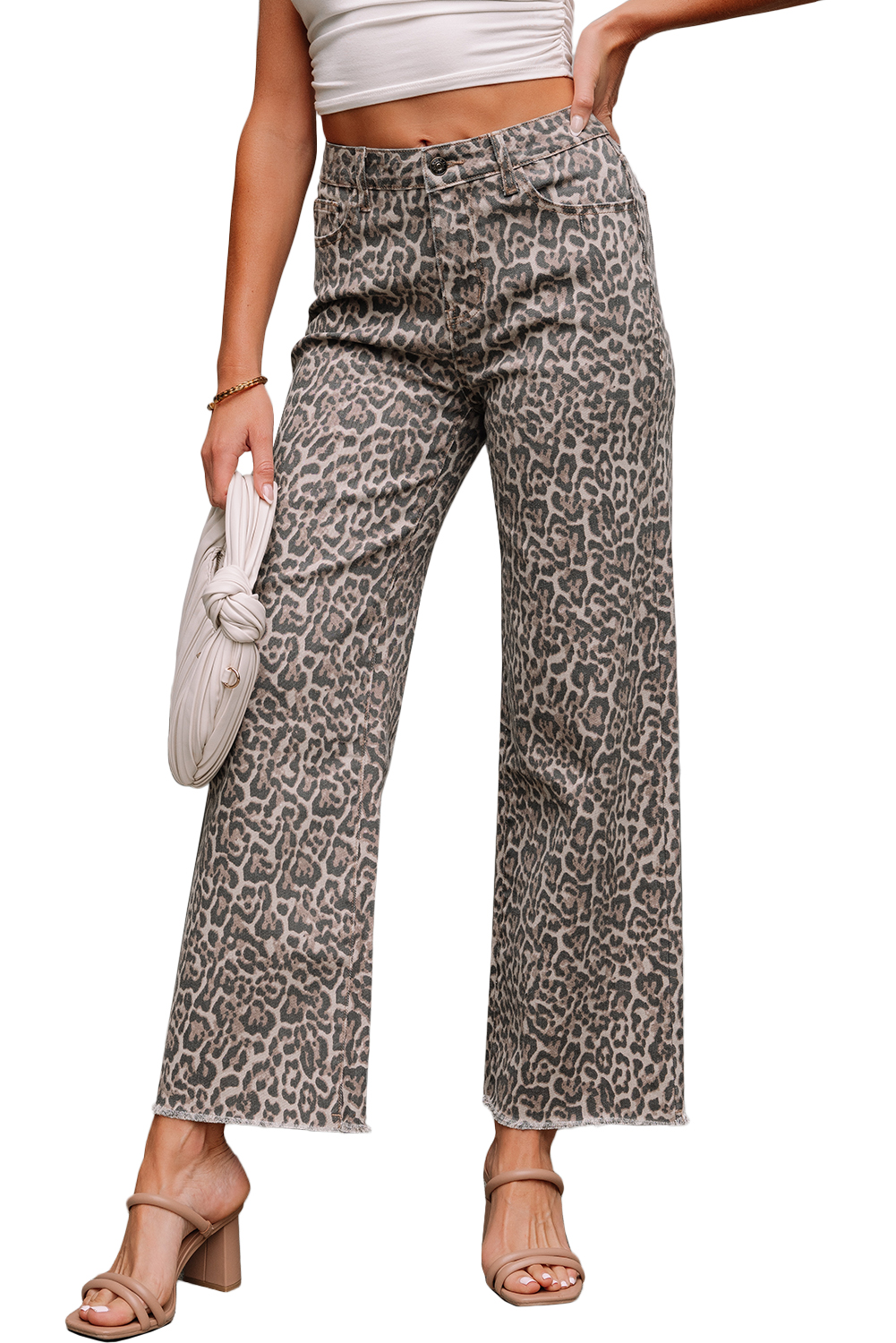 Rose Leopard Frayed Edge Wide Leg High Waist Jeans - loveforevers