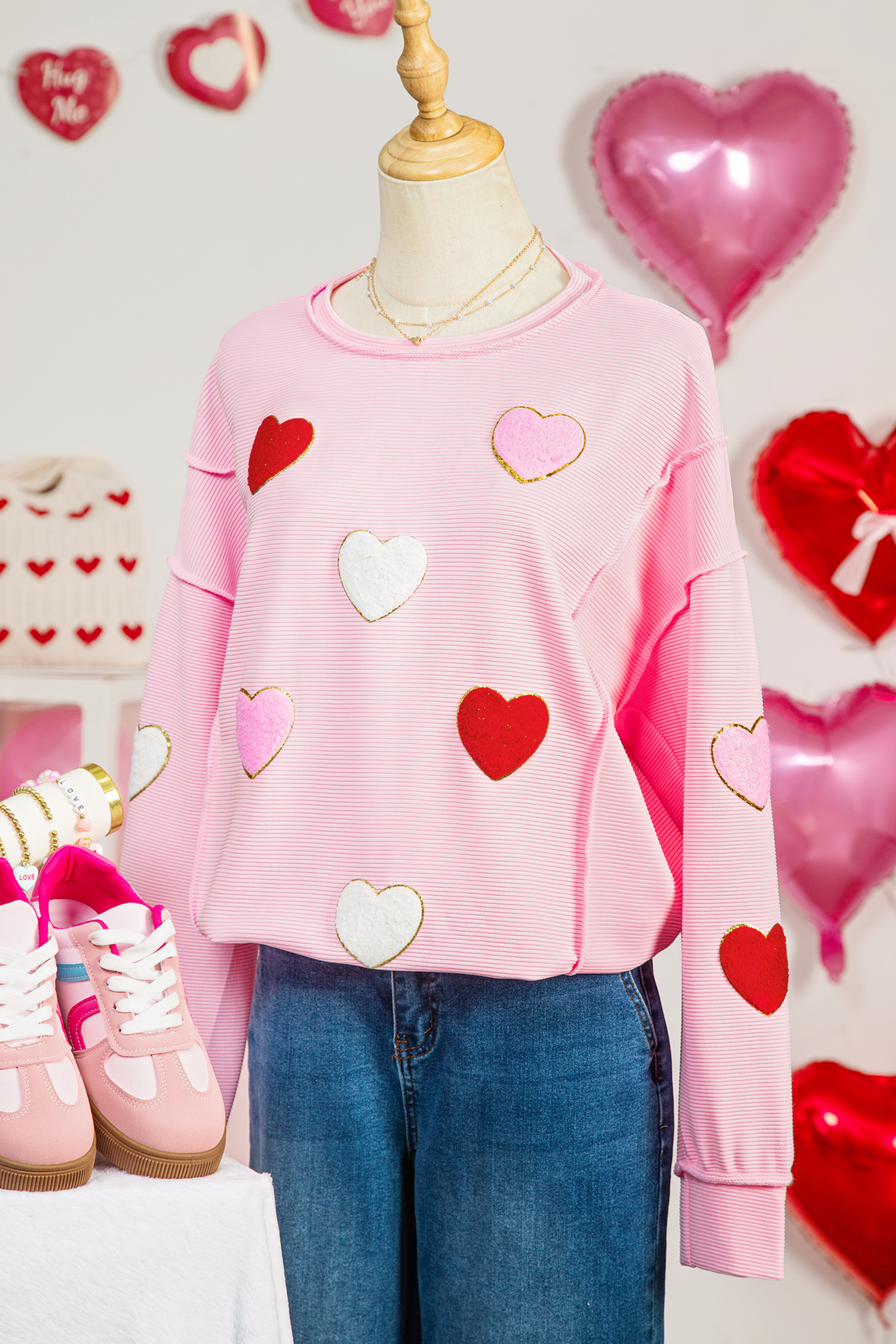 Pink Ribbed Texture Chenille Heart Glitter Trim Patched Long Sleeve Top - loveforevers