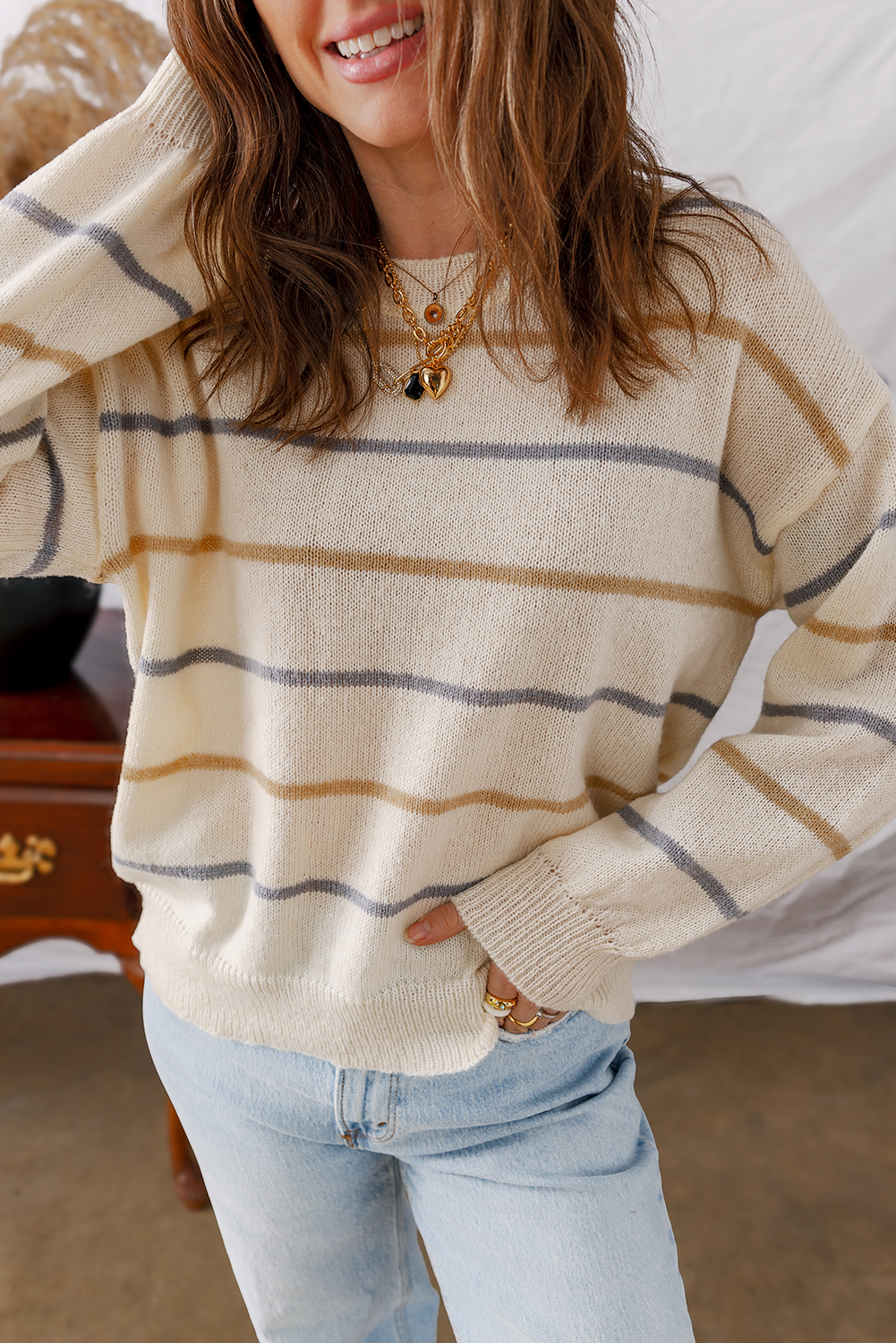 Multicolour Striped Buttoned Front V Neck Drop Shoulder Cardigan Sweater - loveforevers