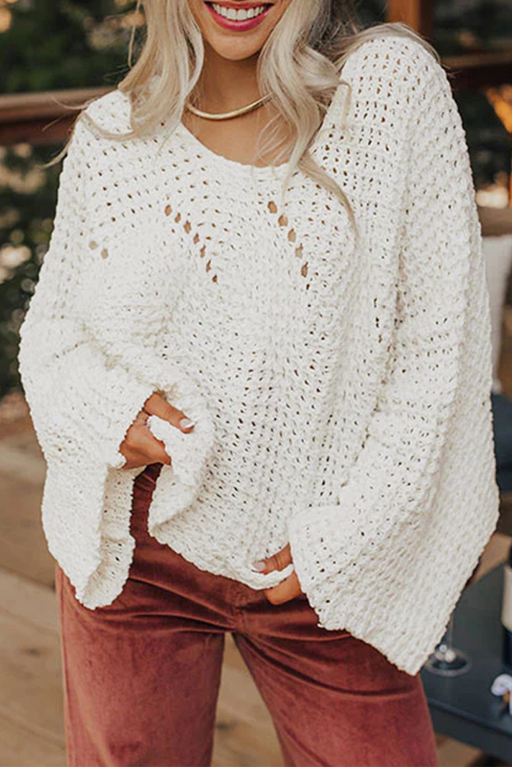 Camel Hollowed Detail Wide Sleeve Loose Pullover Sweater - loveforevers
