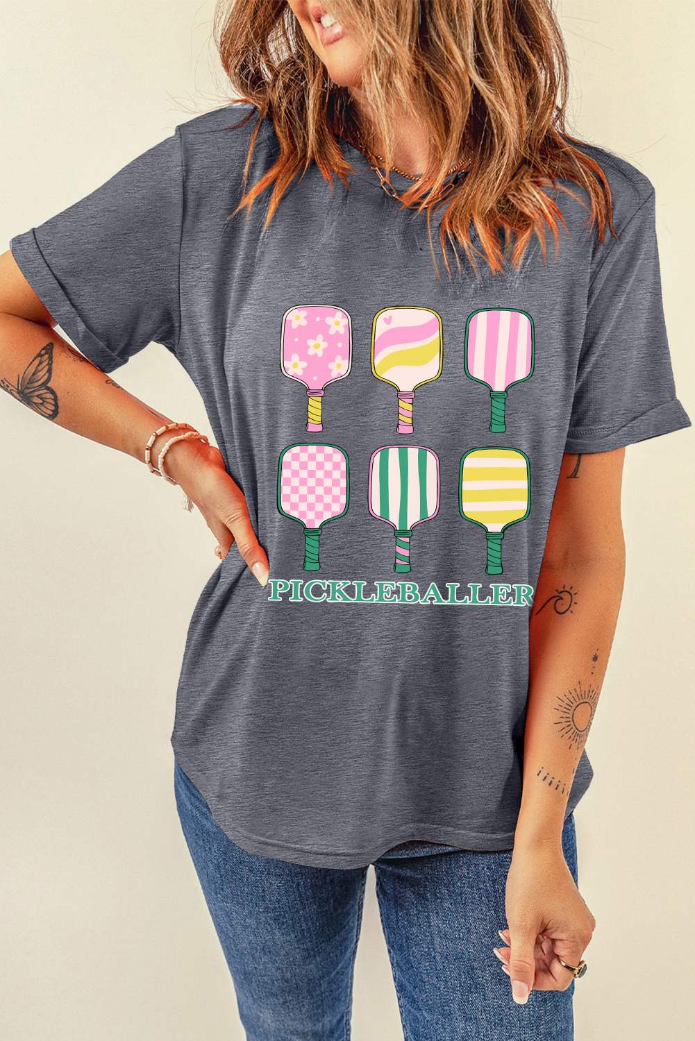 Gray PICKLEBALLER Playful Bats Printed Casual T Shirt - loveforevers
