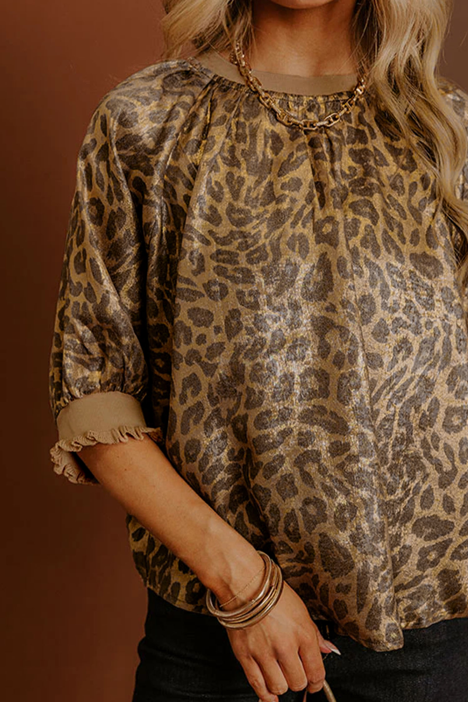 Gold  Half Sleeve Metallic Leopard Print Blouse - loveforevers