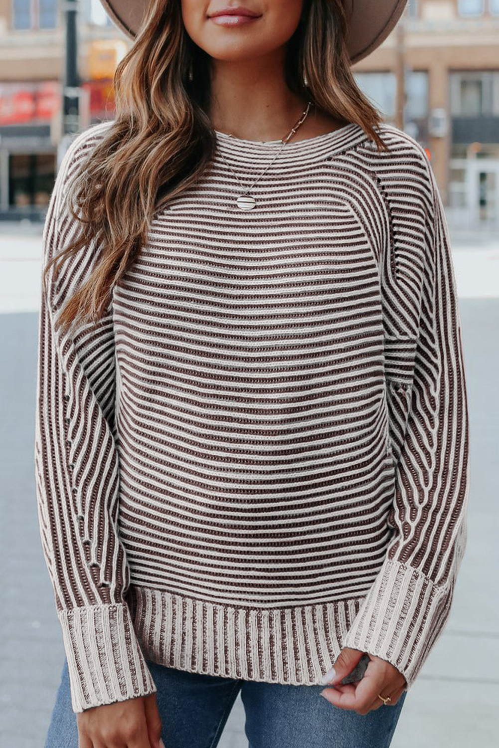Coffee Striped Print Ribbed Knit Boat Neck Baggy Sweater - loveforevers