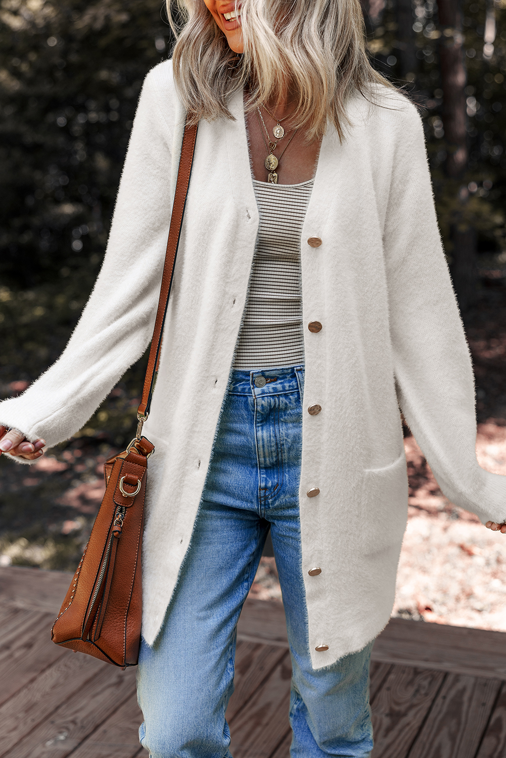 White Fuzzy Buttoned Front Midi Solid Cardigan - loveforevers