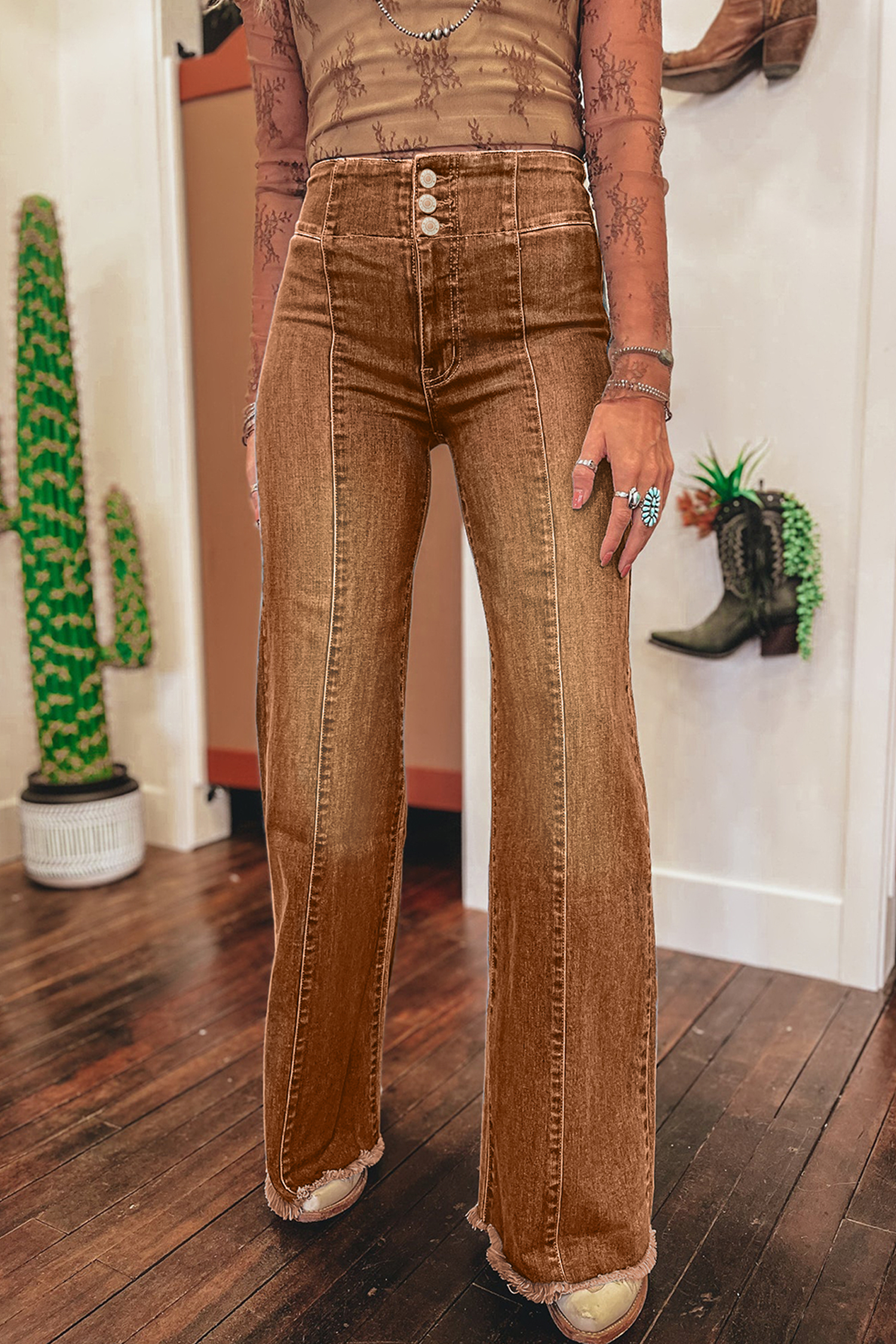 Coffee High Waist Button Fly Seamed Raw Hem Flare Jeans - loveforevers