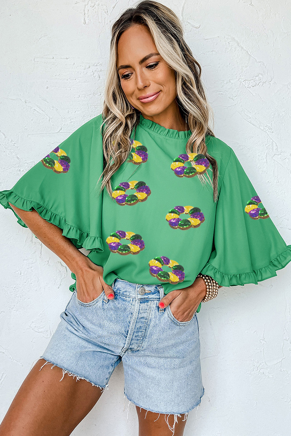 Green Sequin Doughnut Graphic Ruffled Trim Bell Sleeve Mardi Gras Blouse - loveforevers