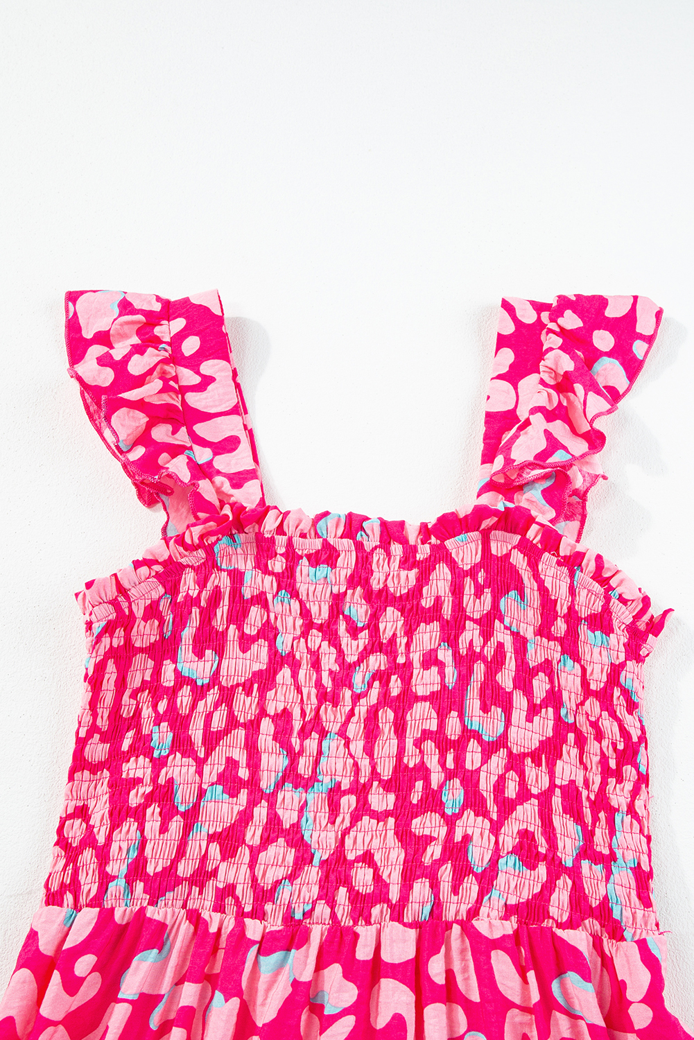 Pink Leopard Ruffle Straps Smocked High Waist Long Dress - loveforevers
