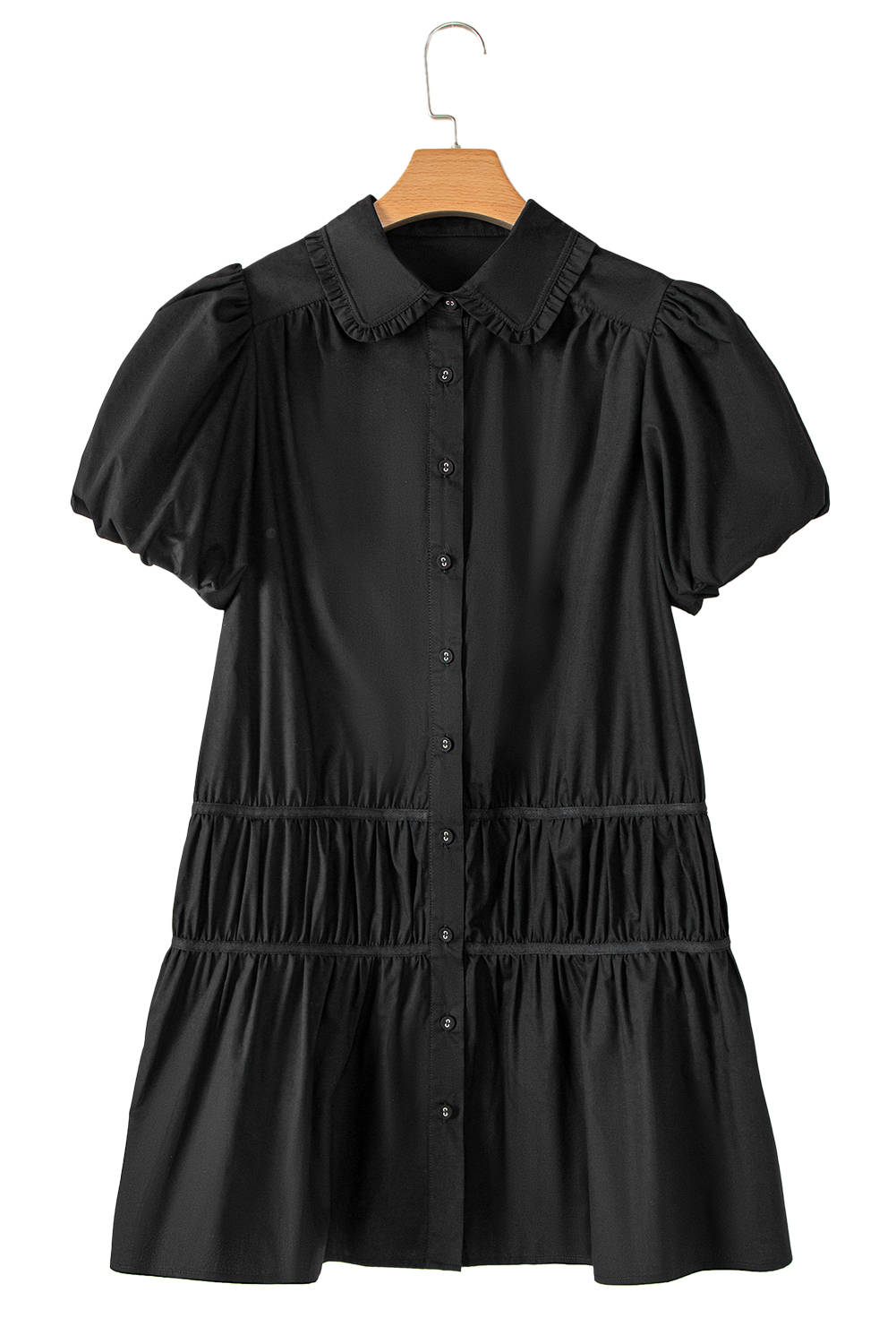 Black Shirt Style Button Down Puff Sleeve Ruffle Hem Dress - loveforevers