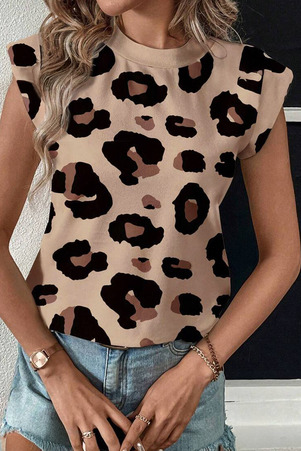 Khaki Leopard Crew Neck Cap Sleeve Casual Tee - loveforevers
