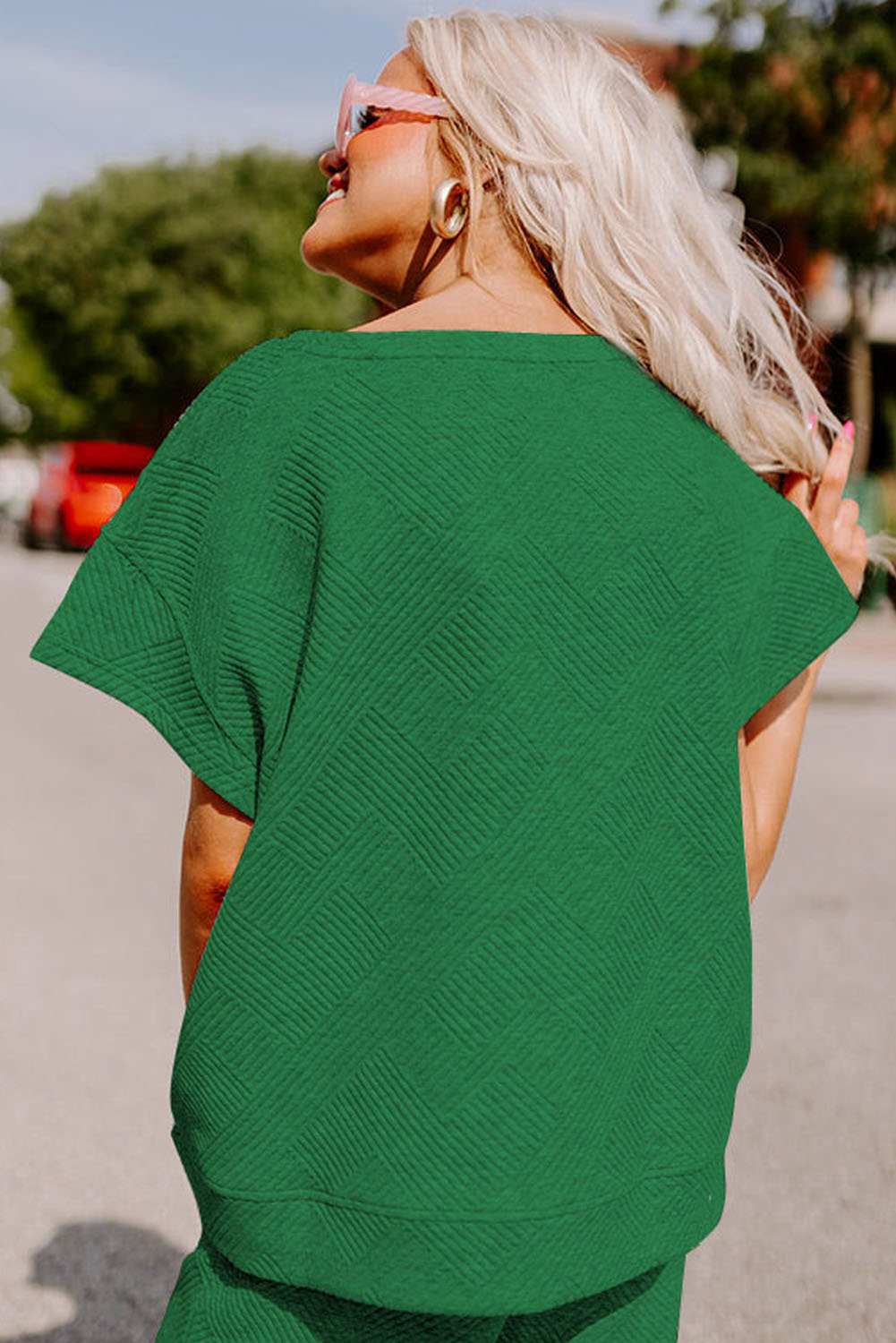 Dark Green Textured Loose Fit T Shirt and Drawstring Pants Set - loveforevers