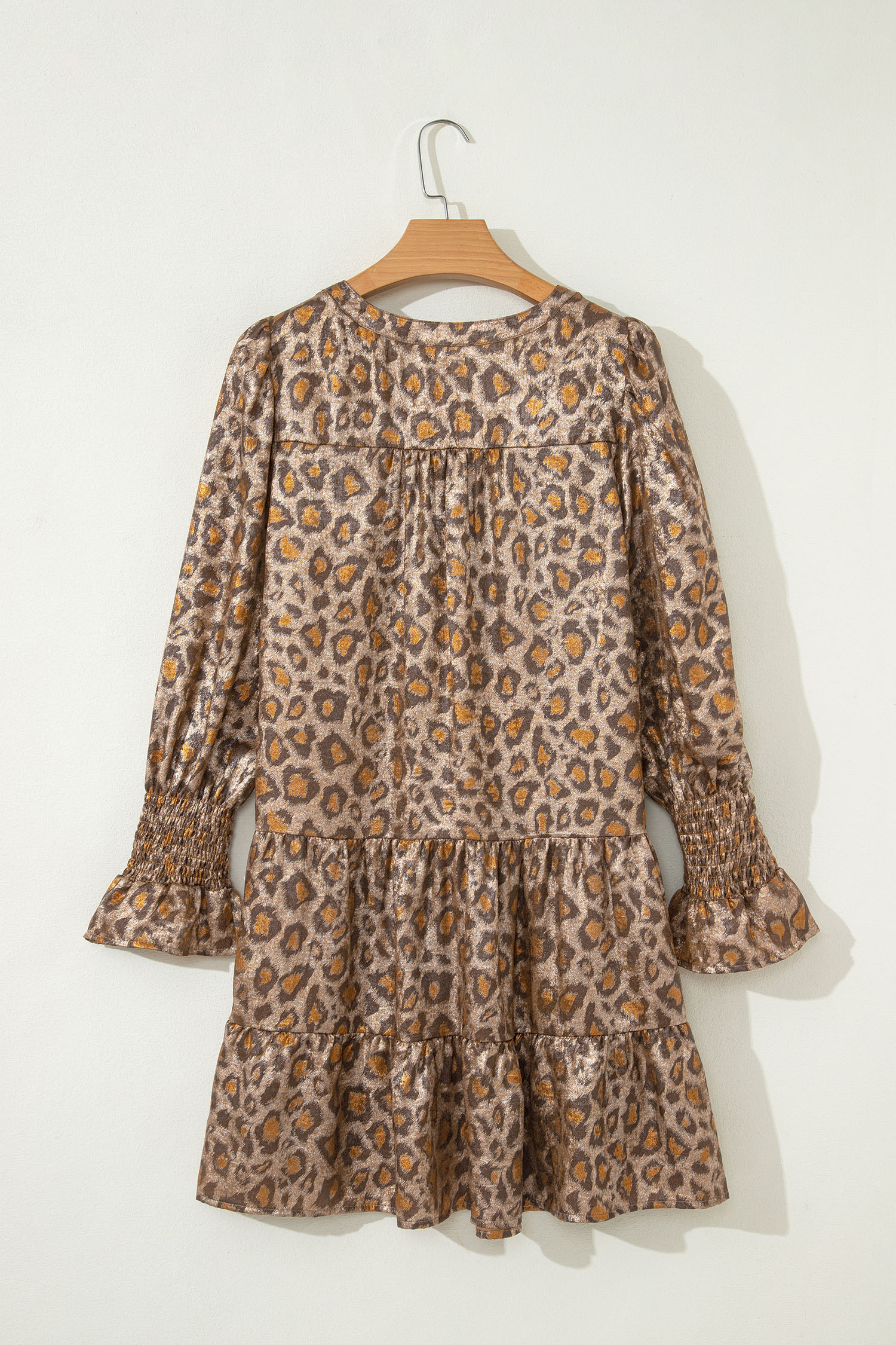 Khaki Leopard Print V Neck Ruffled Sleeve Tiered Loose Mini Dress - loveforevers