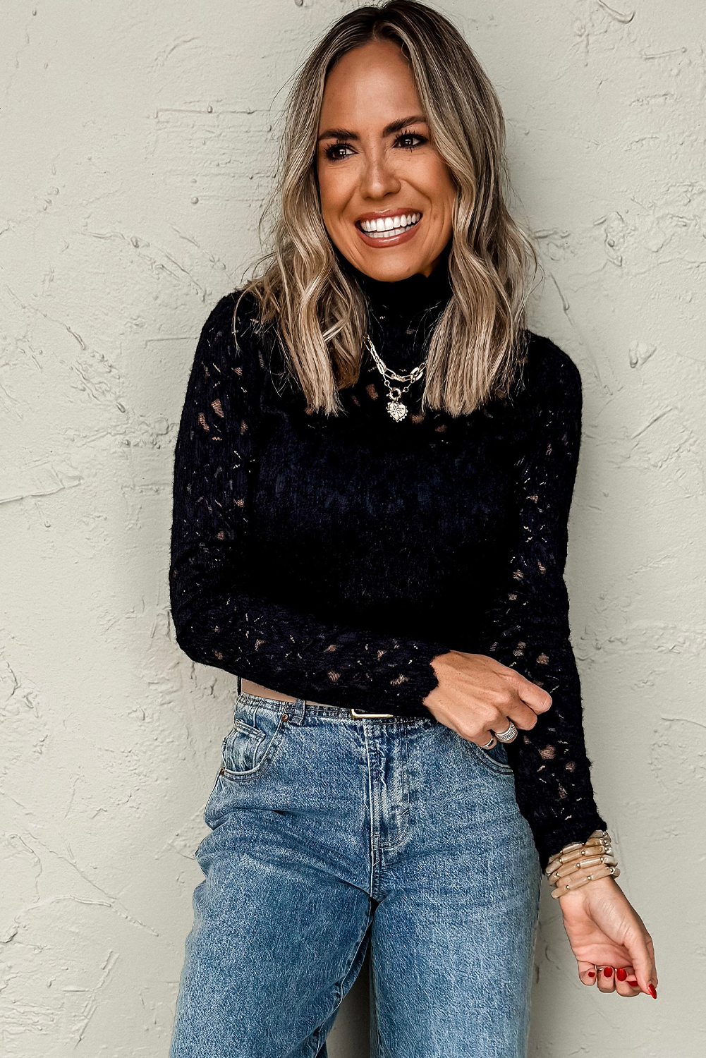 Black Flower Lace See Through Mock Neck Long Sleeve Top - loveforevers