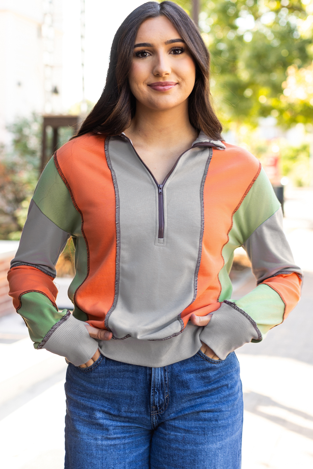Light Grey Color Block Stitching Detail Half Zipper Sweatshirt - loveforevers