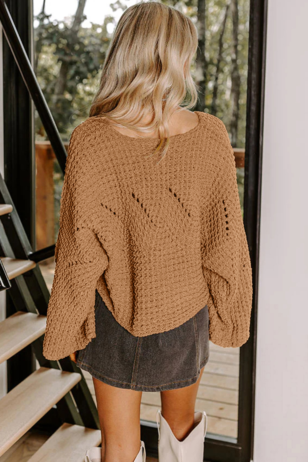 Camel Hollowed Detail Wide Sleeve Loose Pullover Sweater - loveforevers