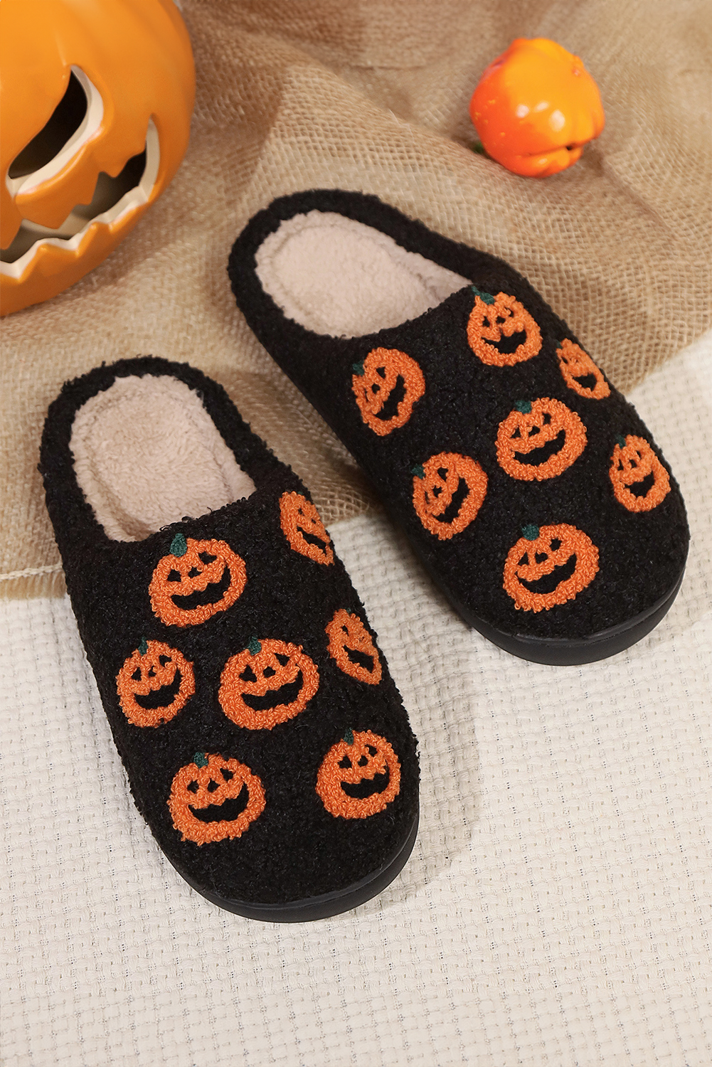 Black Halloween Pumpkin Plush Home Slippers - loveforevers