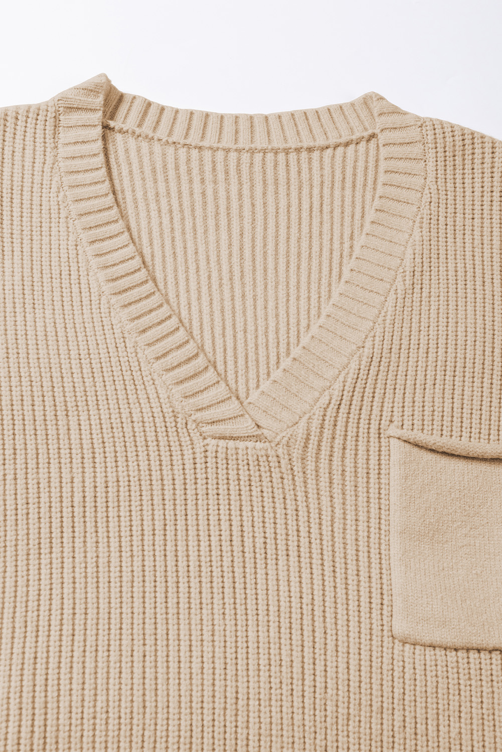 Apricot Chest Pocket V Neck Ribbed Cap Sleeve Sweater - loveforevers