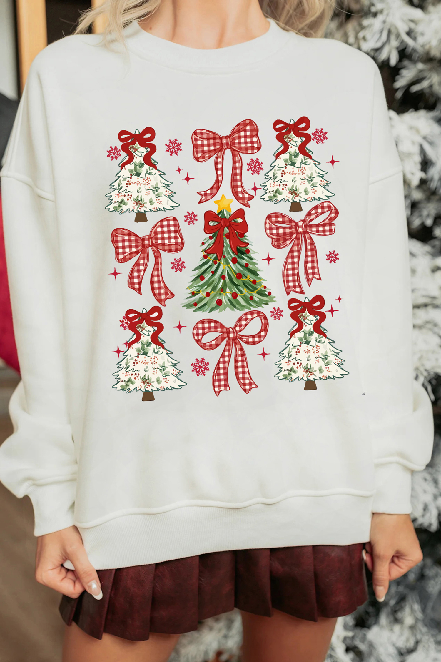 White Christmas Tree Ribbon Bow Printed Drop Shoulder Sweatshirt - loveforevers