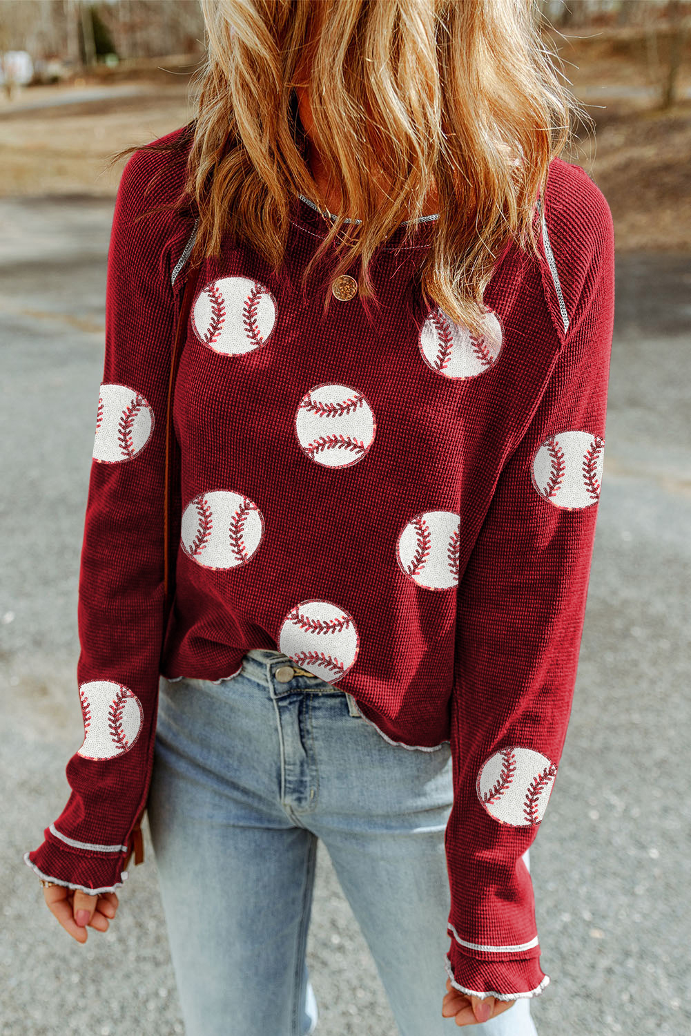 Red Baseball Patched Patterned Game Day Waffle Raglan Top - loveforevers