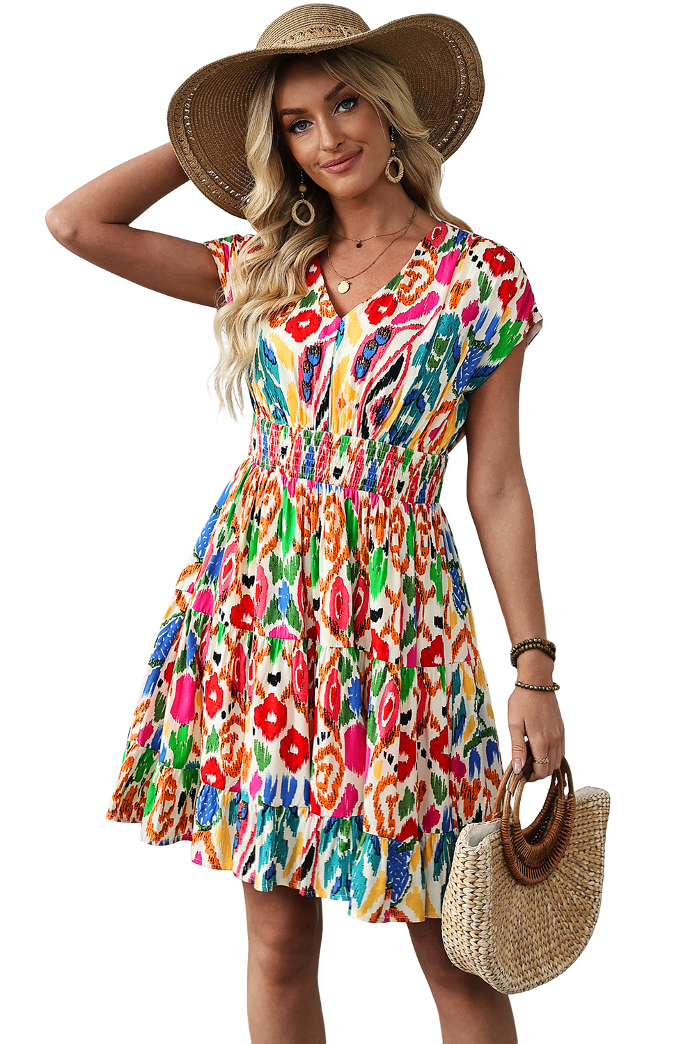Sky Blue Abstract Print V Neck Dolman Sleeve Ruffle Tiered Mini Dress - loveforevers
