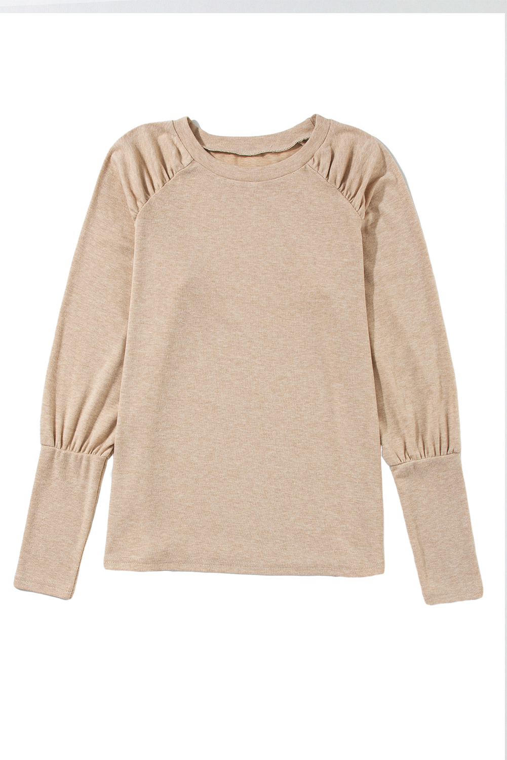 Pale Khaki Solid Ruched Raglan Sleeve Knit Top - loveforevers