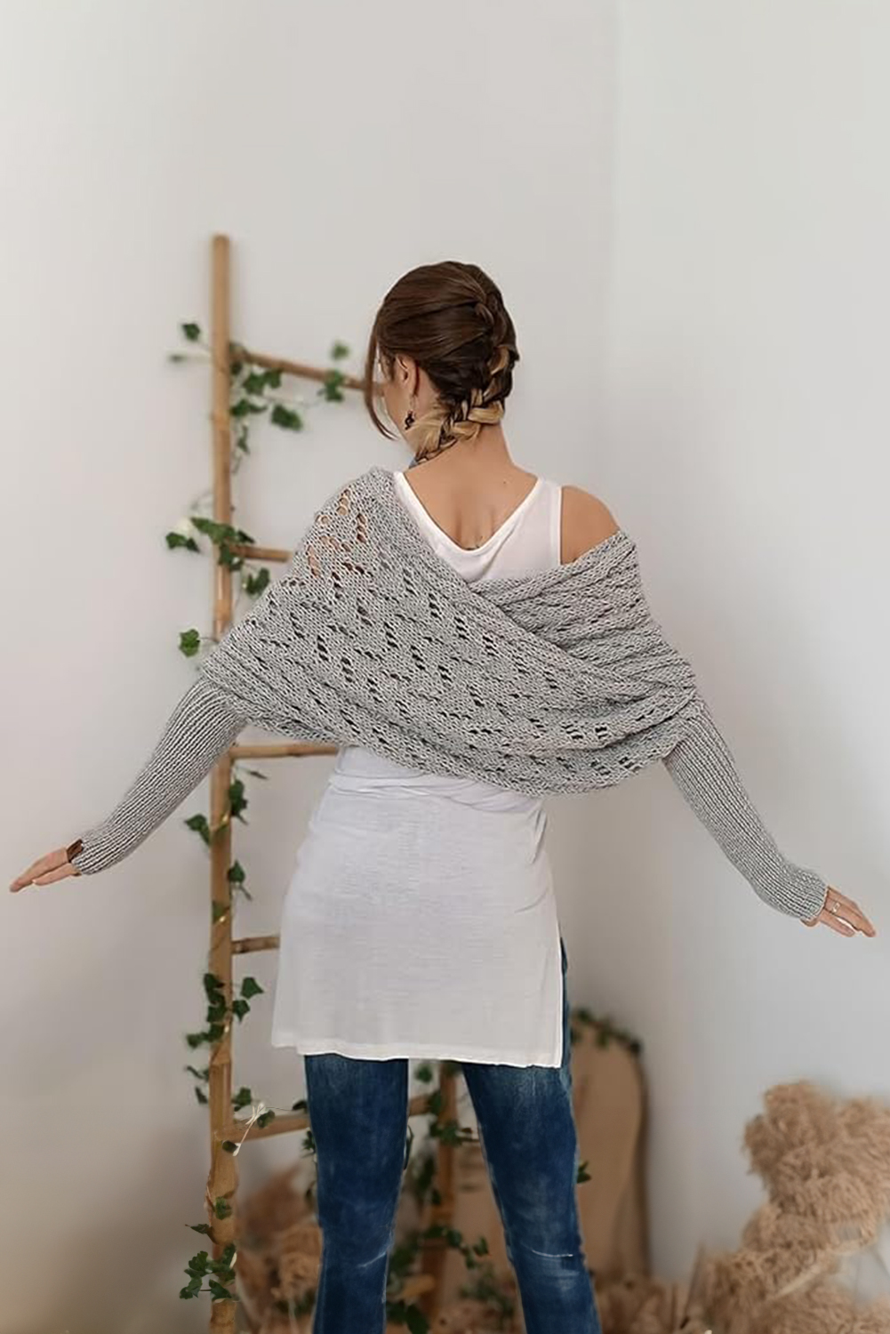 Gray Cross Detail Hollowed Knit Scarf with Sleeves - loveforevers