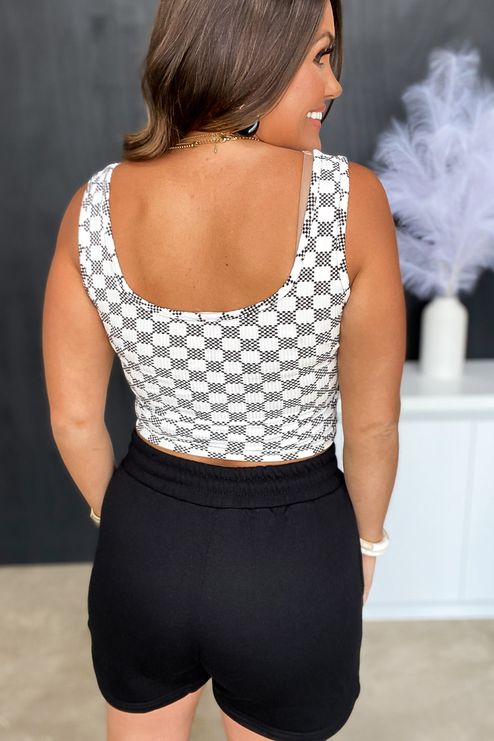 Black Checkered Print U Neck Cropped Tank Top - loveforevers