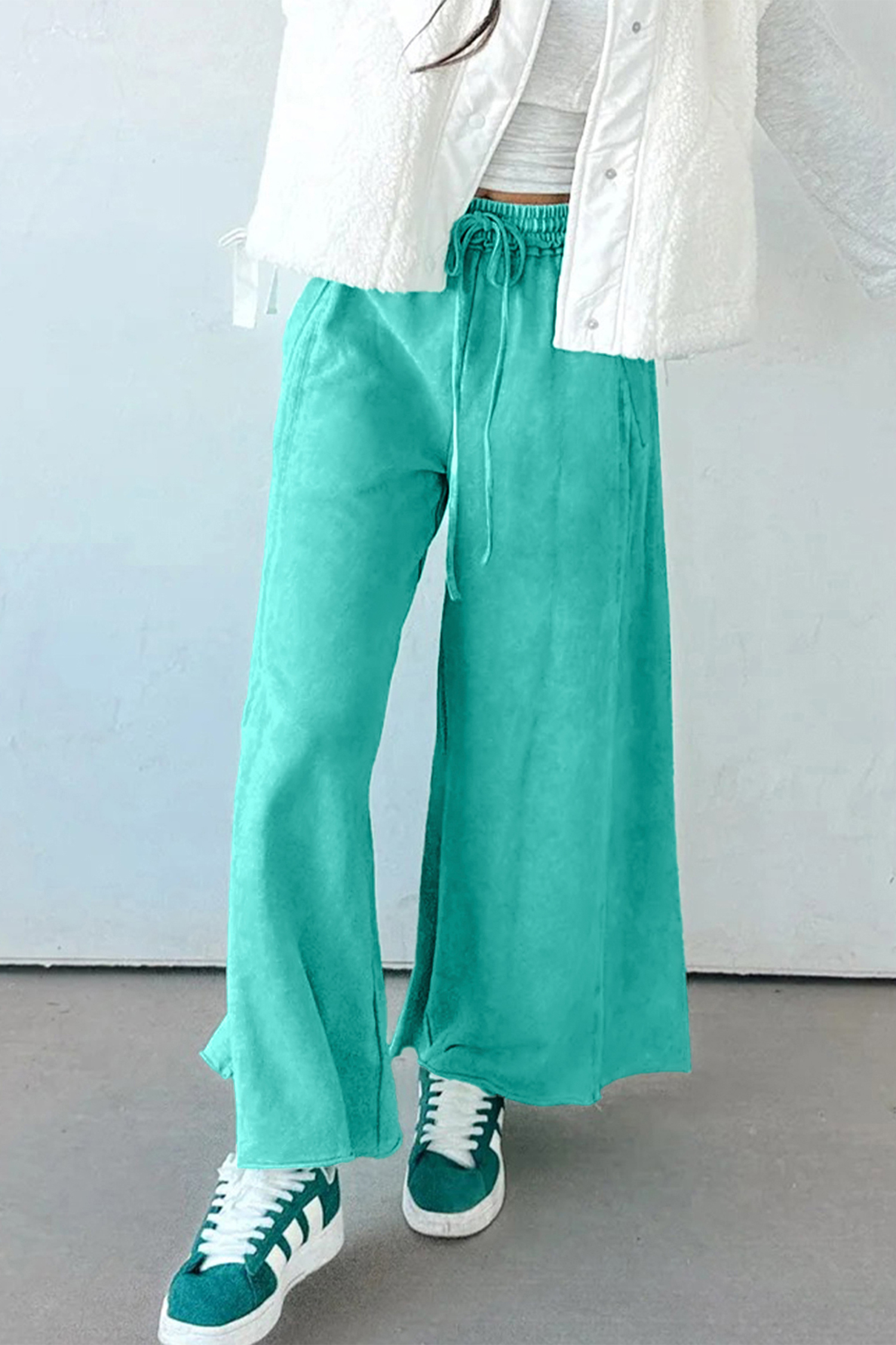 Sea Green Mineral Wash Drawstring Elastic Waist Raw Hem Loose Pants - loveforevers