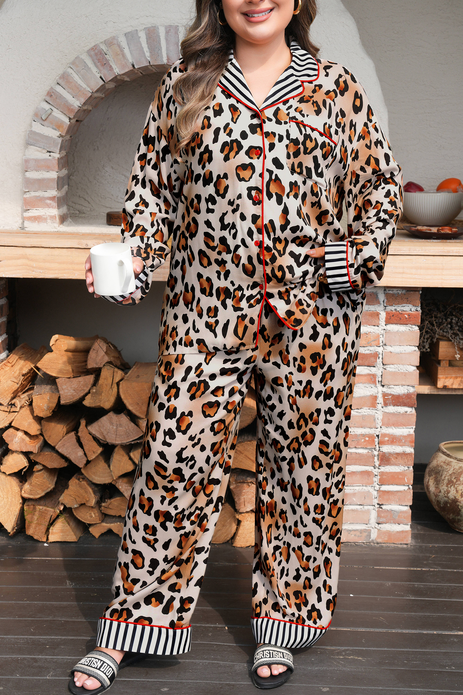 Khaki Plus Leopard Print Contrast Piping Striped Patchwork 2pcs Long Pajama Set - loveforevers