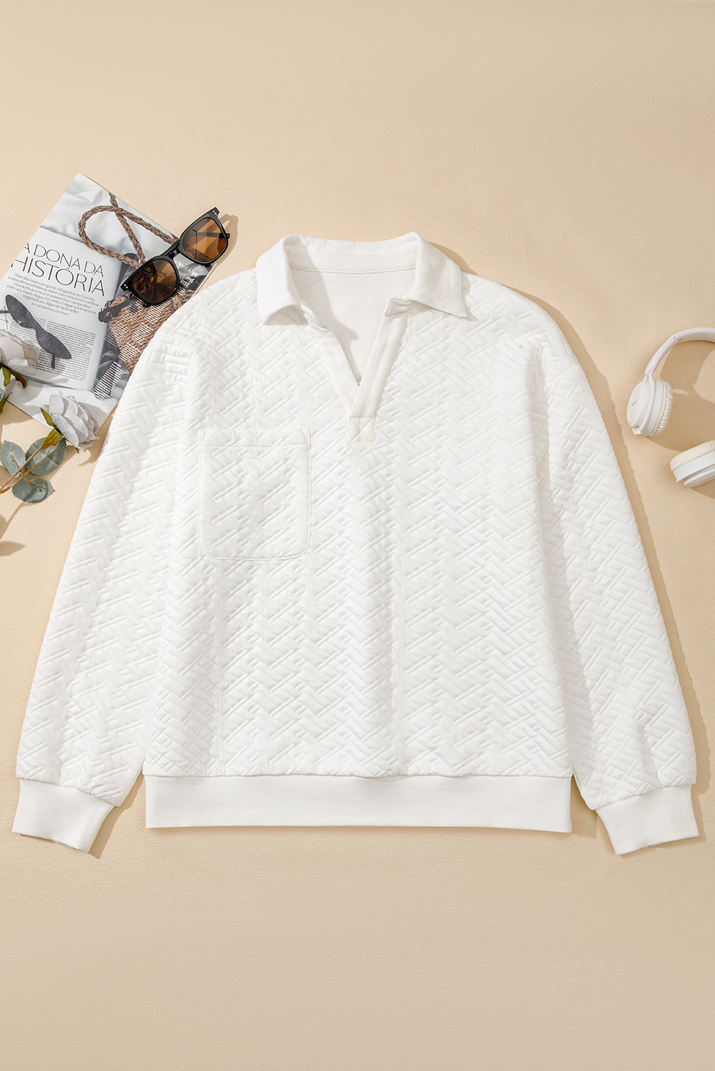 White Textured Pocketed Collared V Neck Pullover Sweatshirt - loveforevers