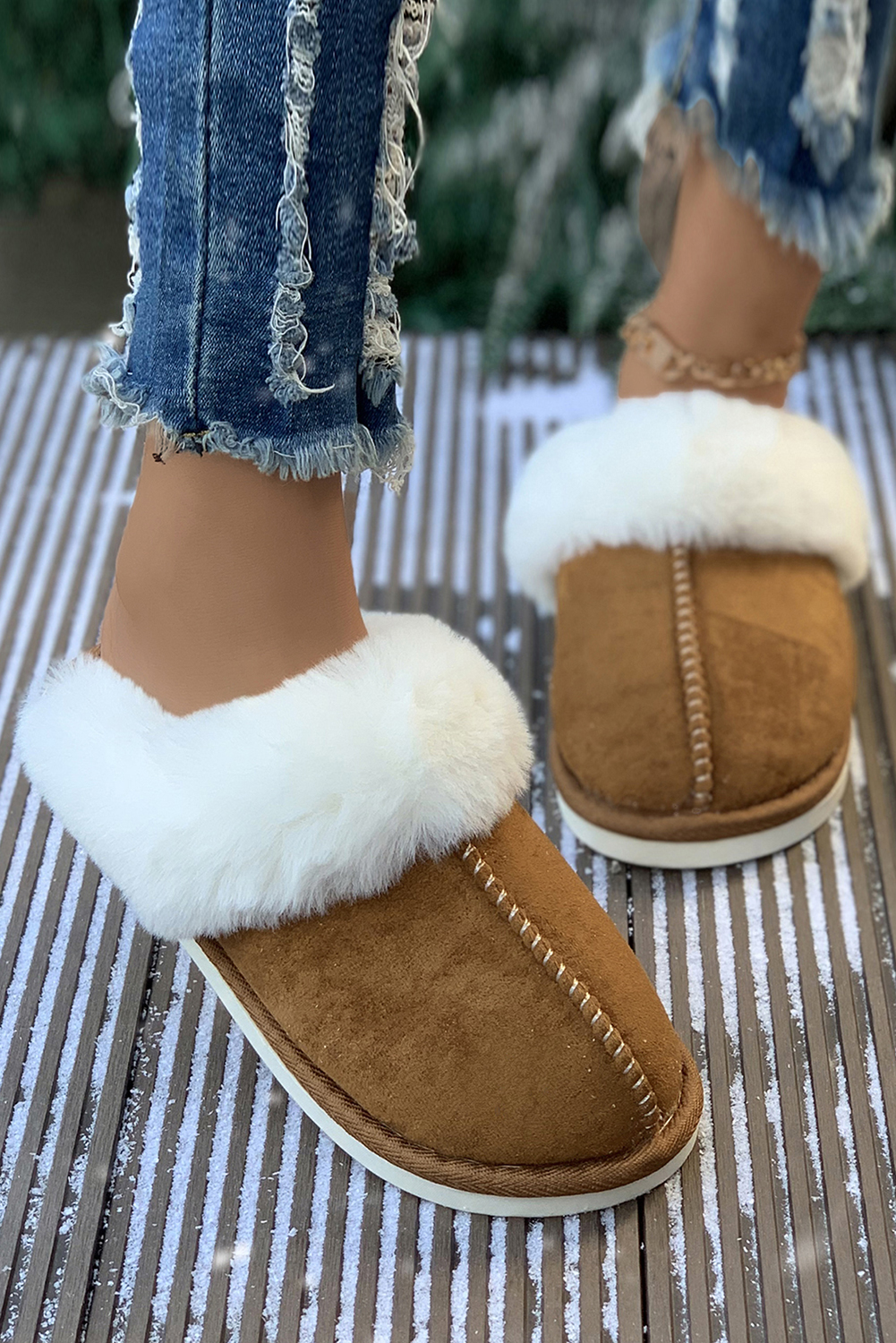 Khaki Cut and Sew Faux Suede Plush Lined Slippers - loveforevers