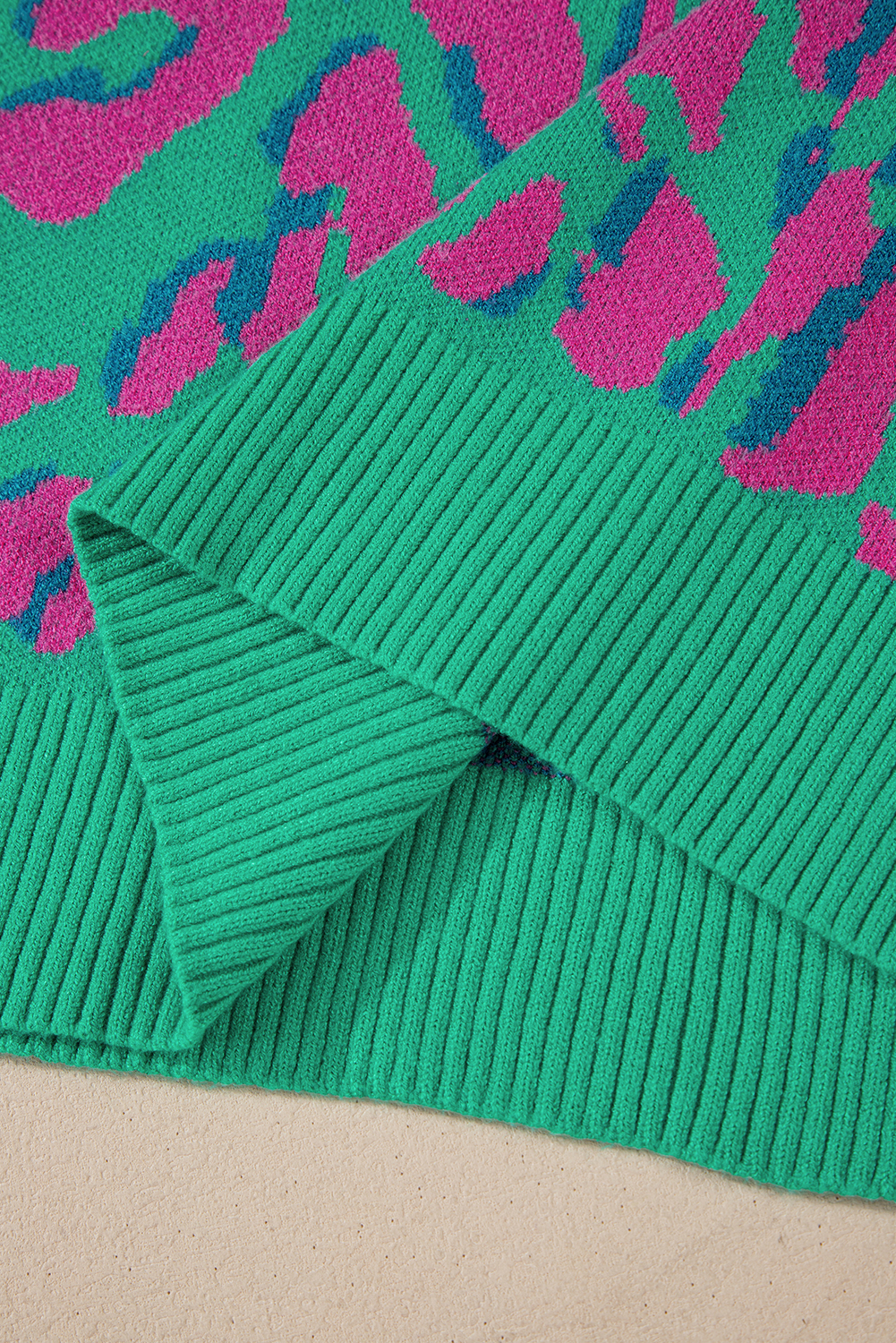 Green Abstract Print Ribbed Trim Baggy Sweater - loveforevers