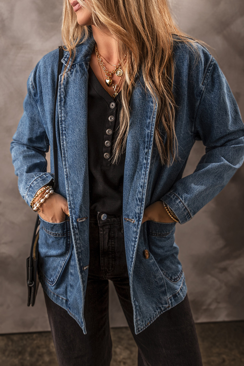 Black Side Pockets Lapel Collar Denim Jacket - loveforevers