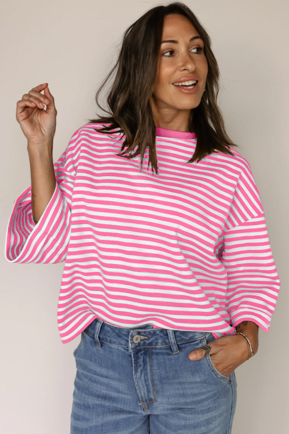 Red Stripe Bowknot Cutout Back Drop Shoulder Wide Bracelet Sleeve Loose Tee - loveforevers