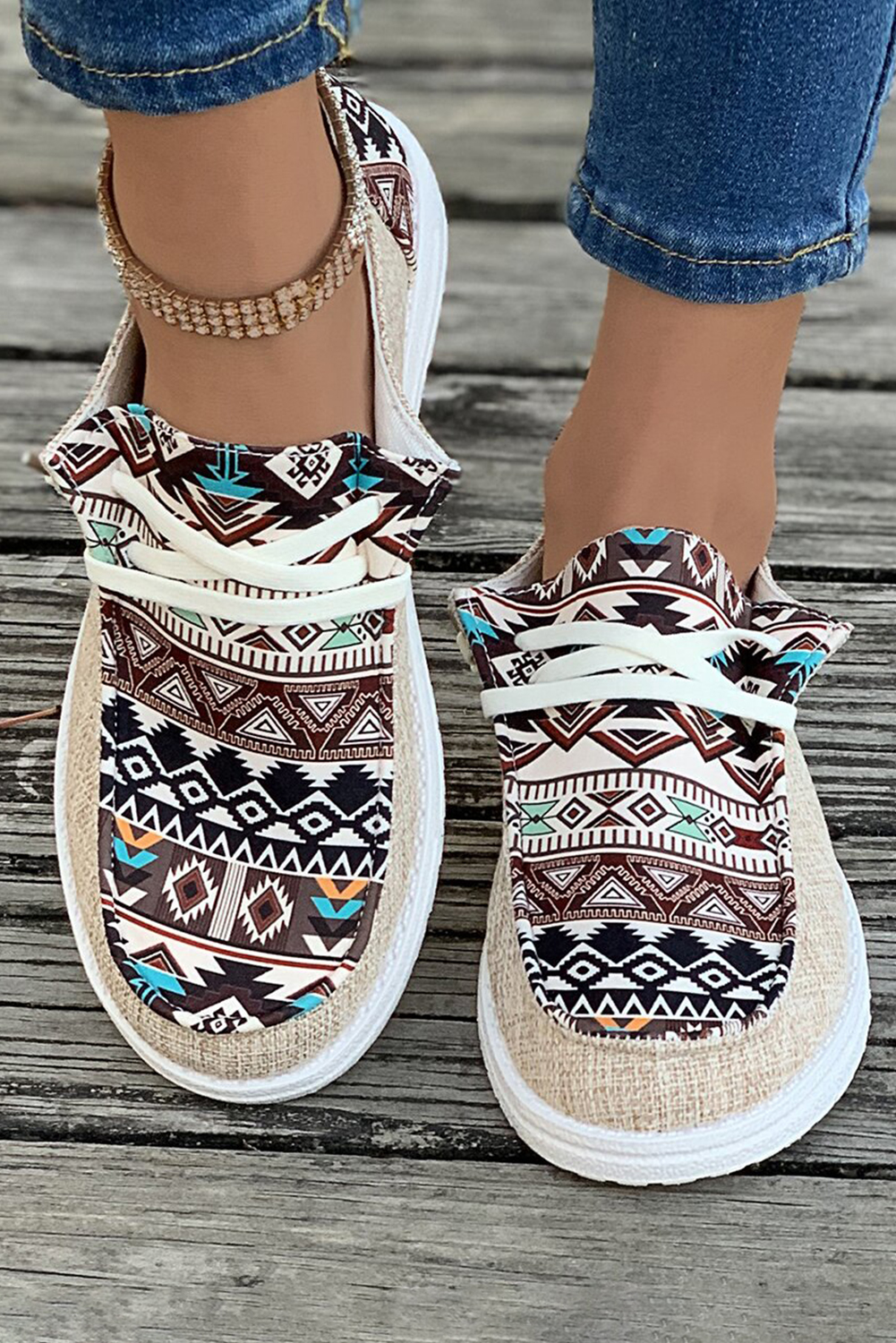 Brown Vintage Aztec Patchwork Lace-up Decor Flat Shoes - loveforevers