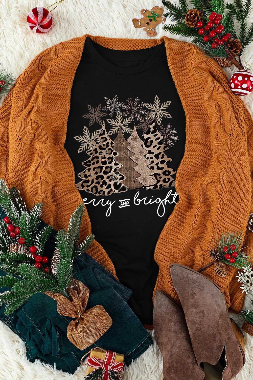 Black Leopard Christmas Tree Graphic Crew Neck T Shirt - loveforevers