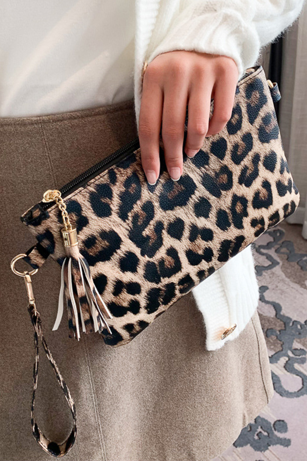 Chestnut Leopard/Cow Print Wrist Strap Zipped Wallet - loveforevers