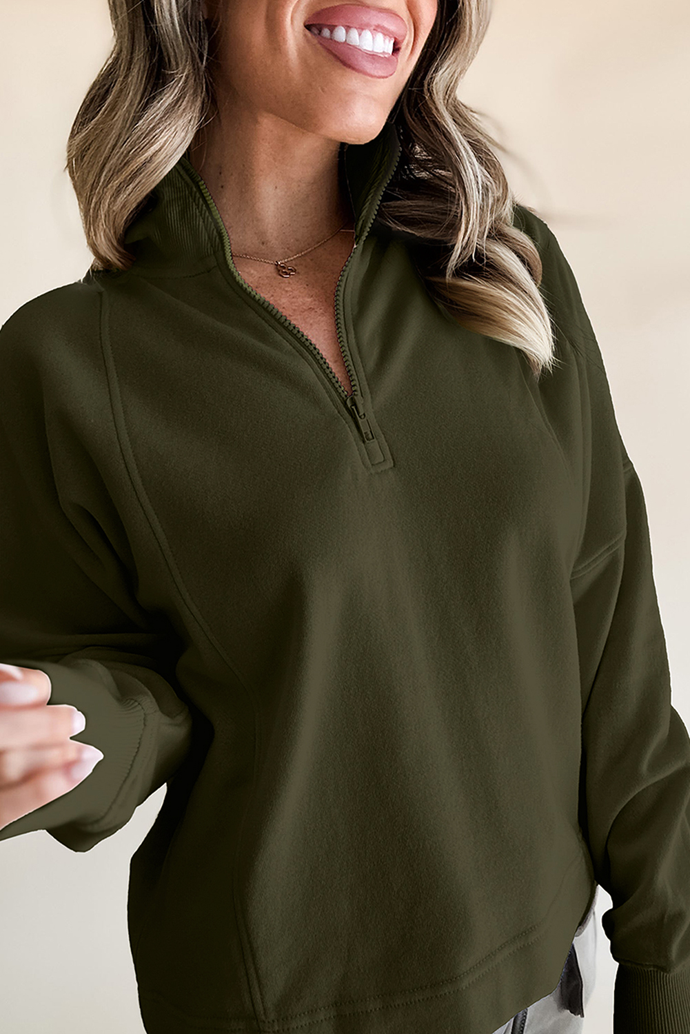 Fushia Zipped Neck Pullover Drop Shoulder Sweatshirt - loveforevers