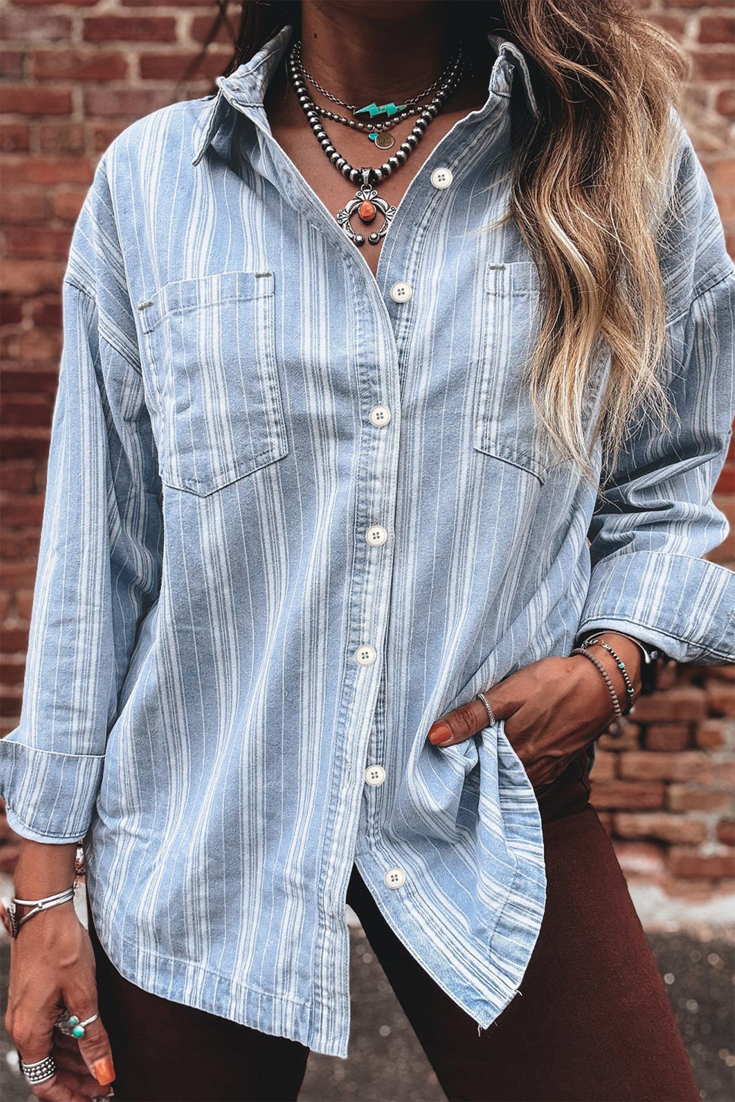 Sky Blue Stripe Boyfriend Chest Pocket Classic Denim Shacket - loveforevers