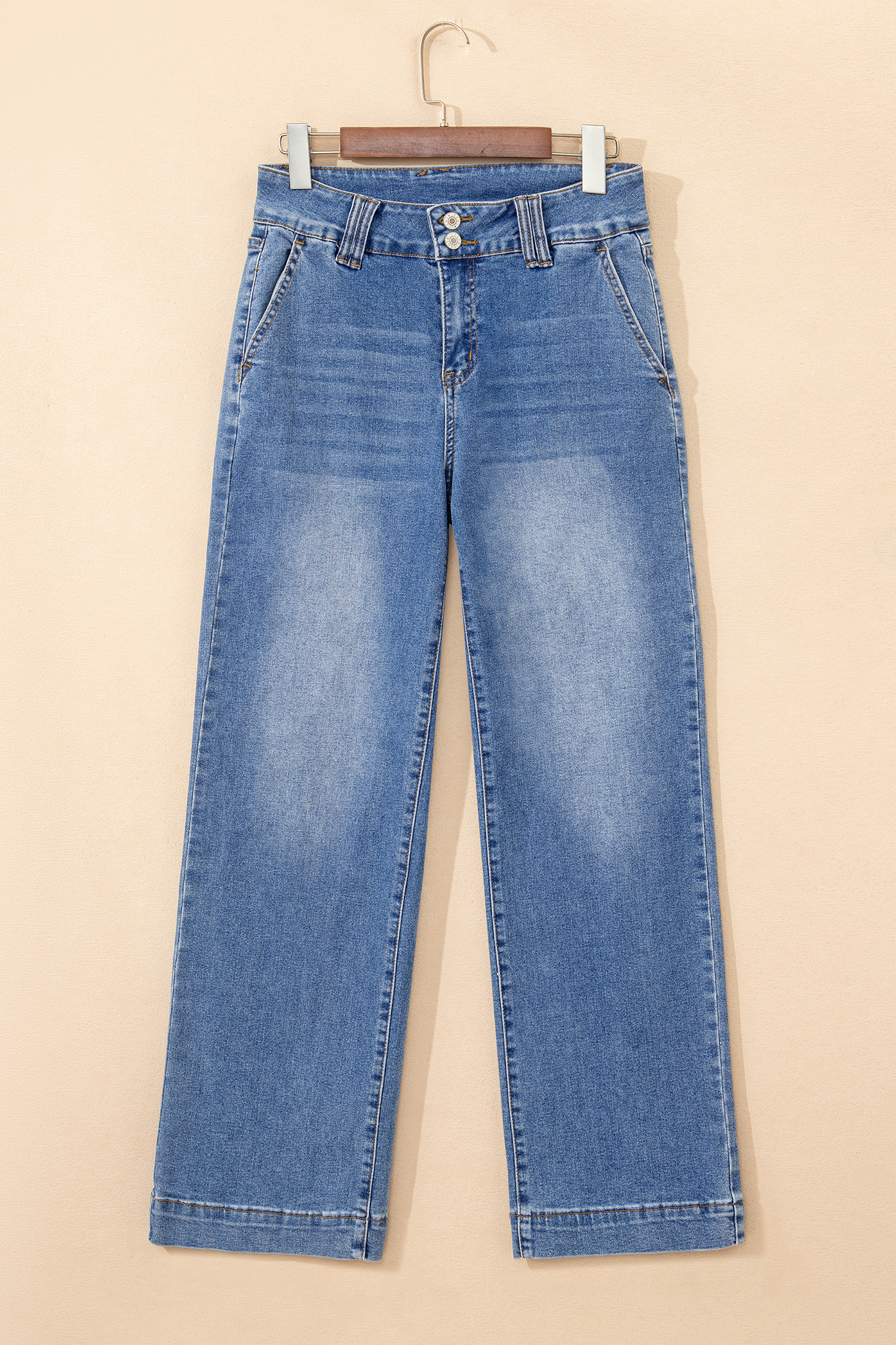 Sky Blue Double Button Zip Fly Straight Leg Jeans - loveforevers