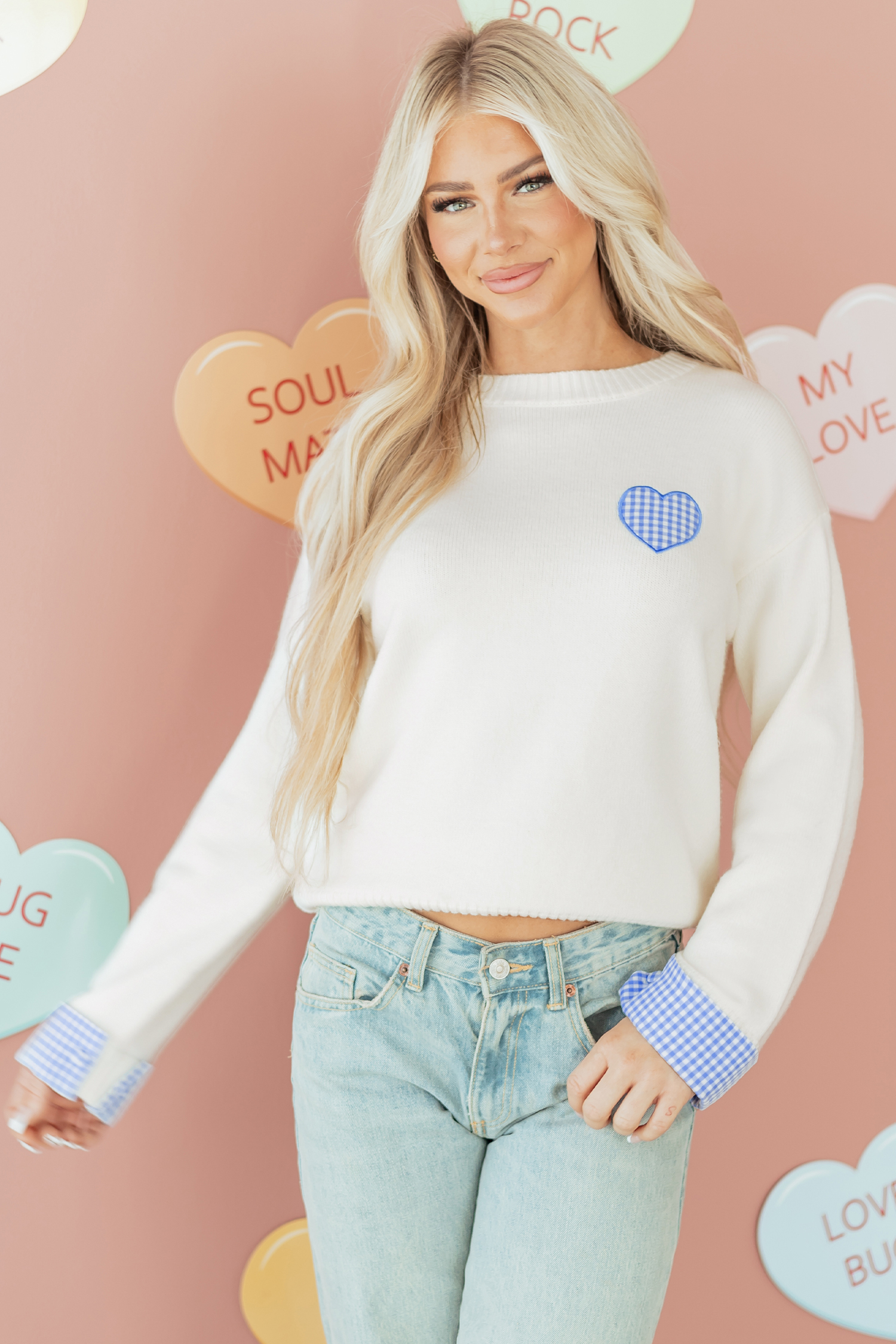 Light Pink Plaid Heart Embroidered Cuffed Drop Shoulder Crew Neck Sweater - loveforevers