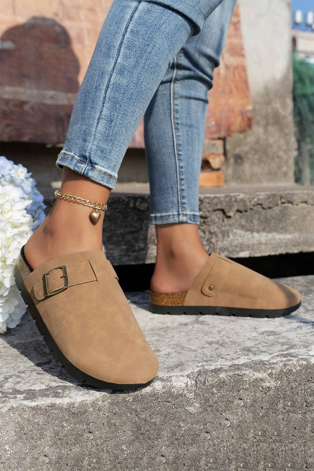 Light French Beige Suede Buckle Detail Slippers - loveforevers